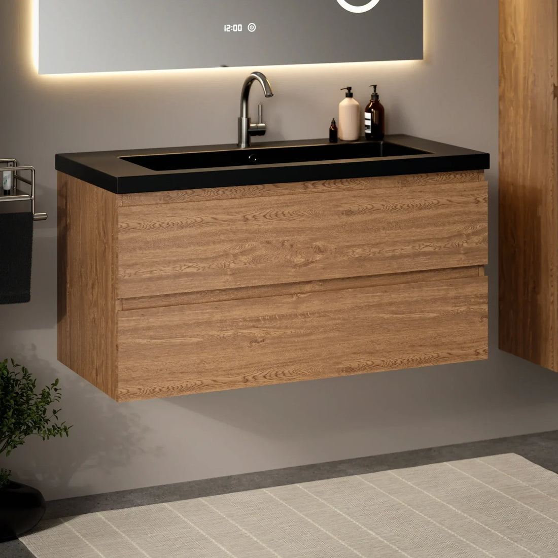 Badezimmermöbel Sena – 100 cm – Warm eiche – Schwarzes Waschbecken