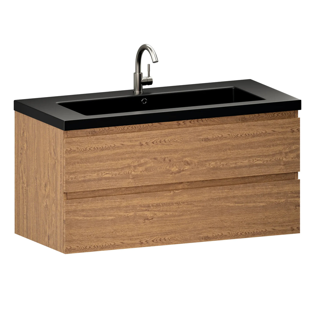 Badezimmermöbel Sena – 100 cm – Warm eiche – Schwarzes Waschbecken