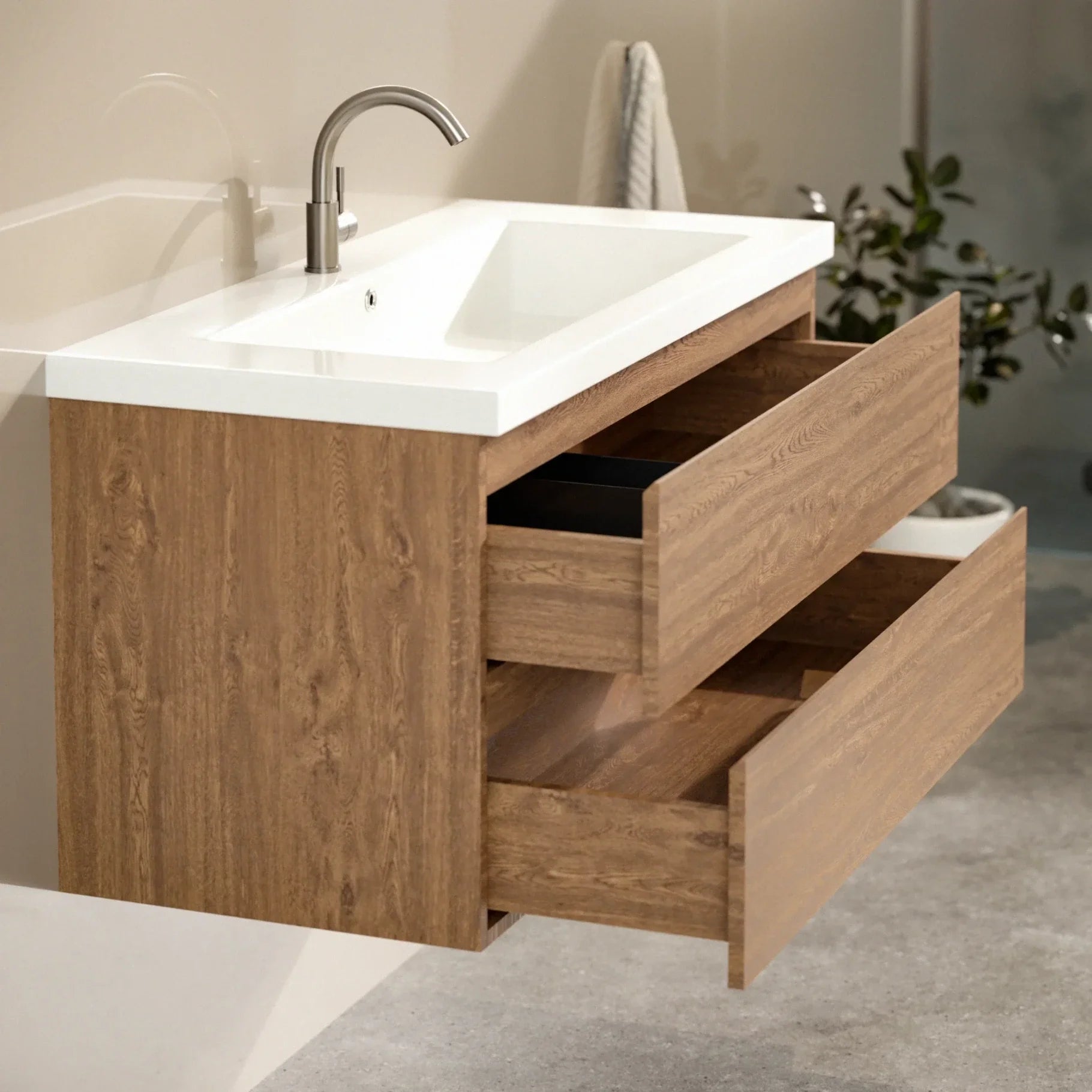 Badezimmermöbel Sena – 100 cm – Warmeiche – Weißes Waschbecken