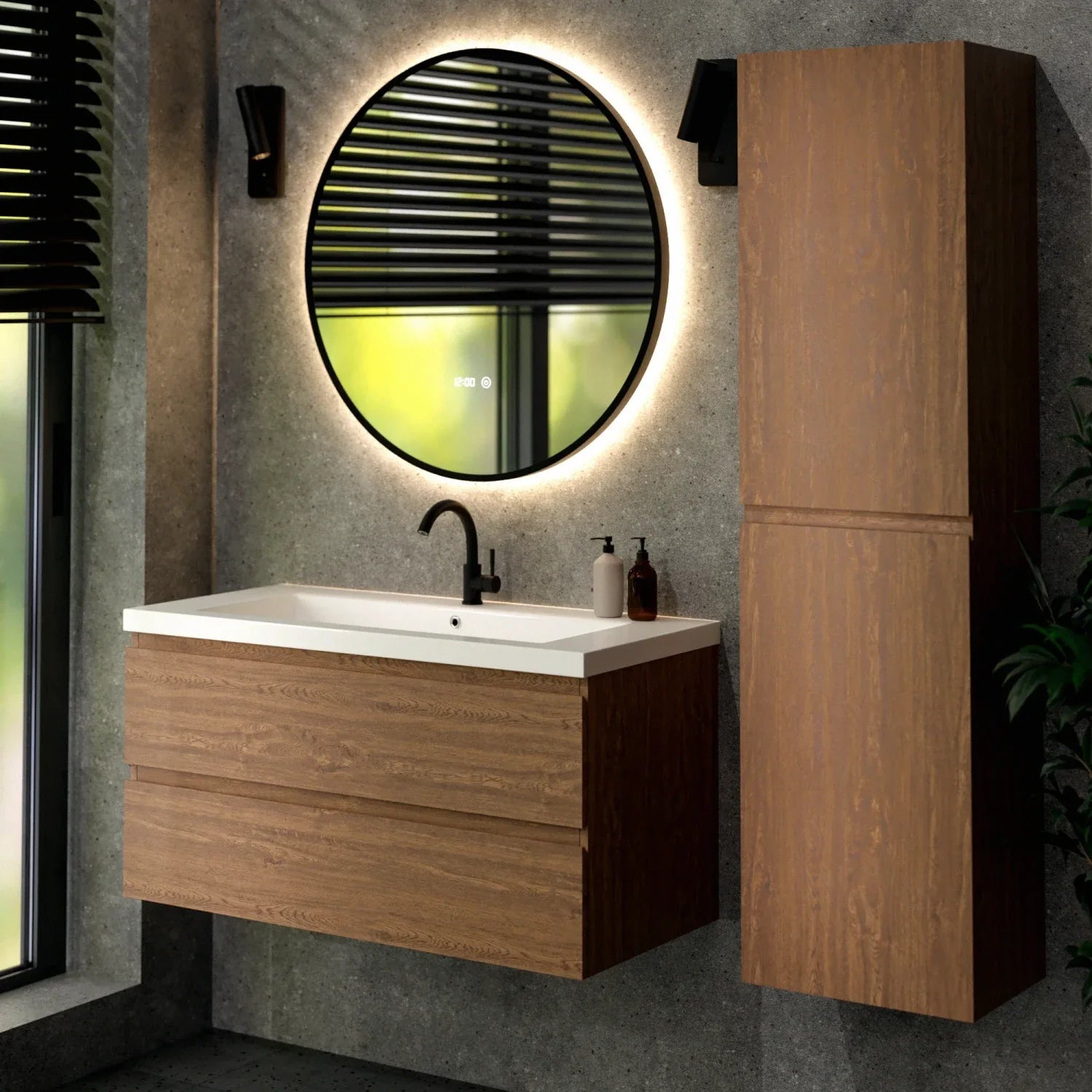 Badezimmermöbel Sena – 100 cm – Warmeiche – Weißes Waschbecken