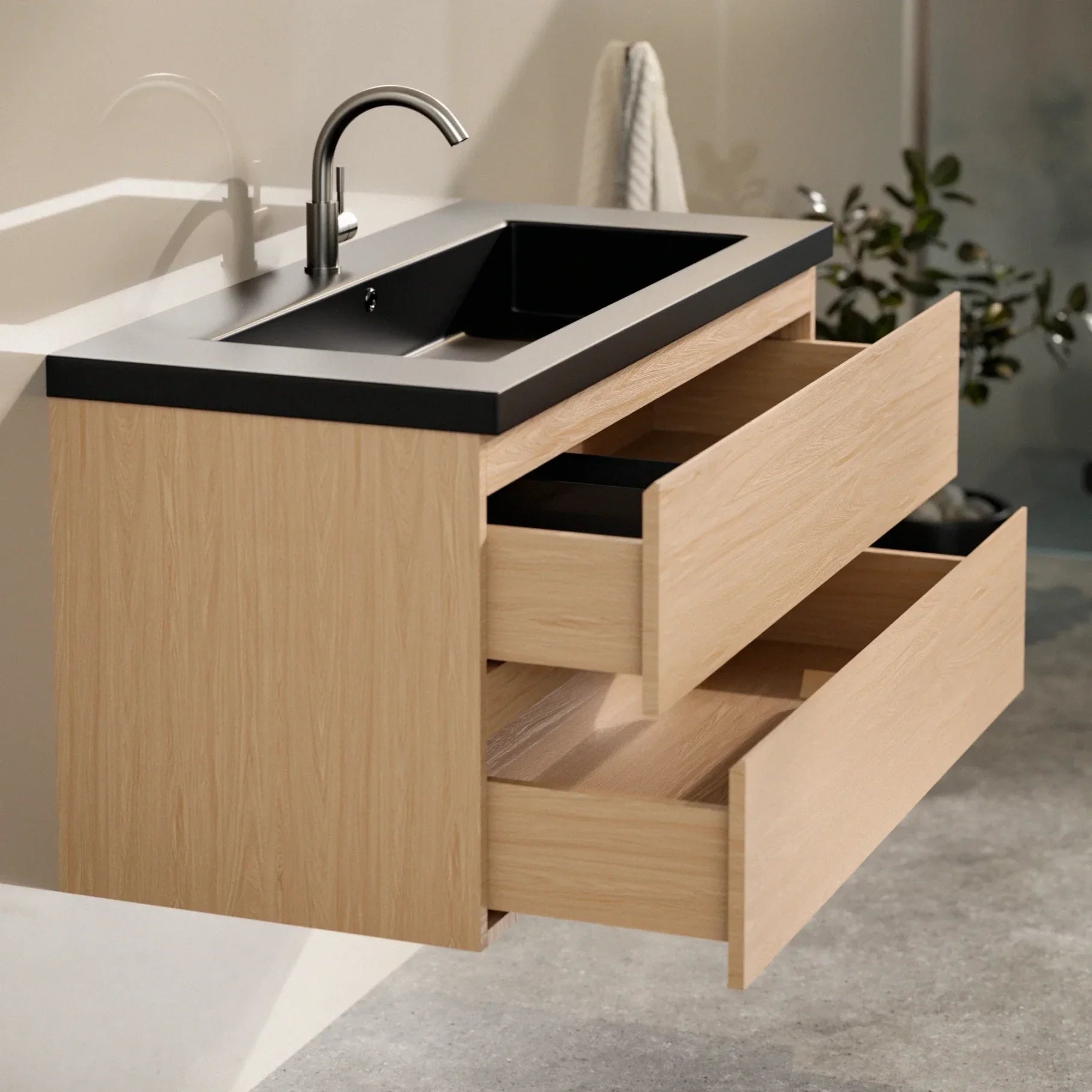 Badezimmermöbel Set Monaco – 100 cm – Helle Eiche – Schwarzes Waschbecken