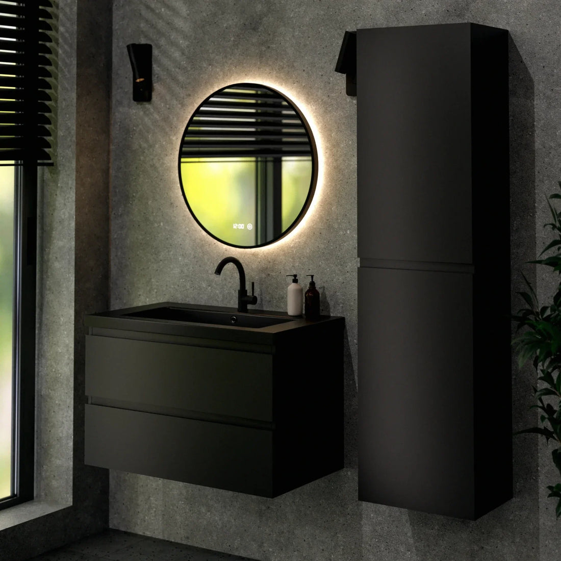Badezimmermöbel Set Novara – 80 cm – Mattschwarz – Schwarzes Waschbecken