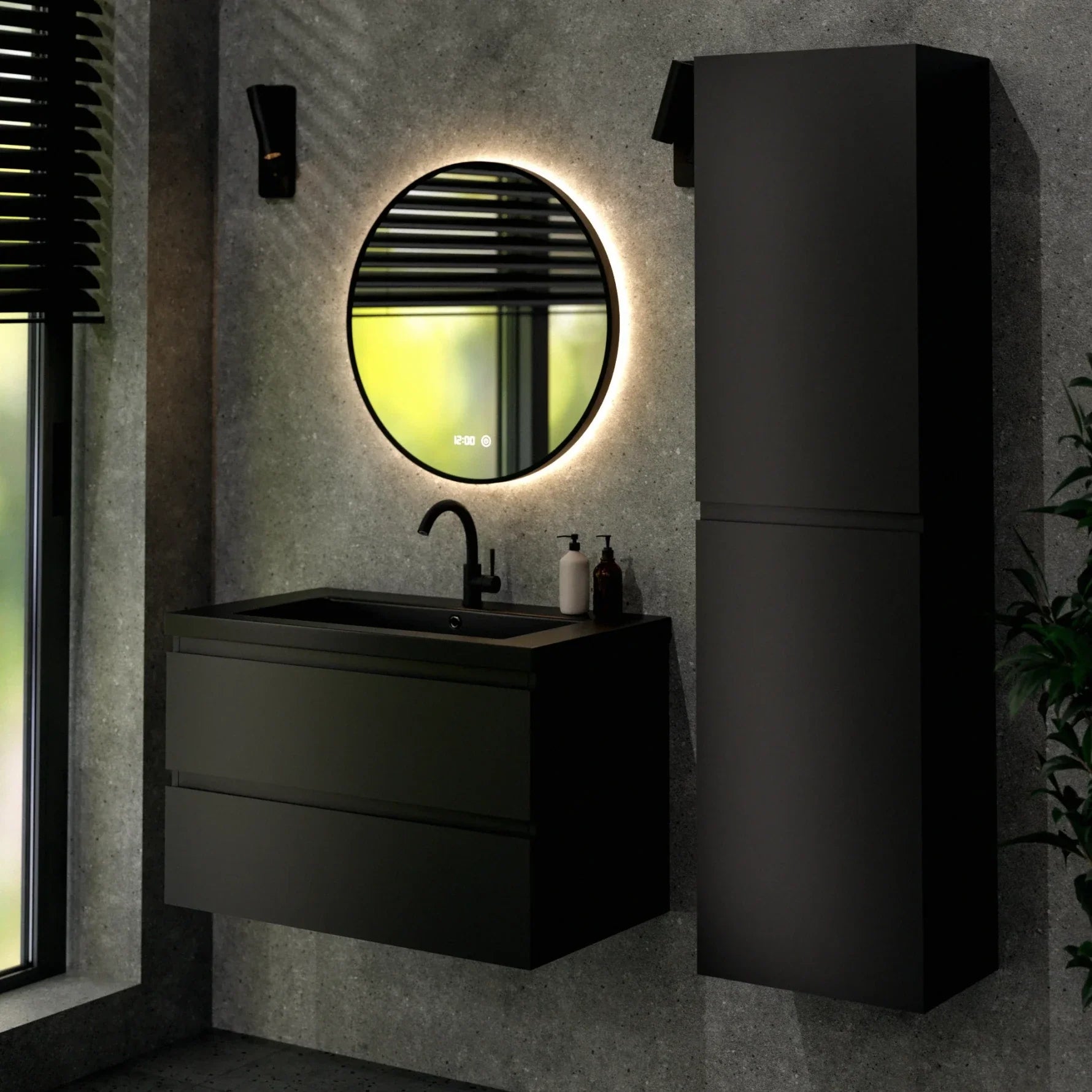 Badezimmermöbel Set Novara – 80 cm – Mattschwarz – Schwarzes Waschbecken