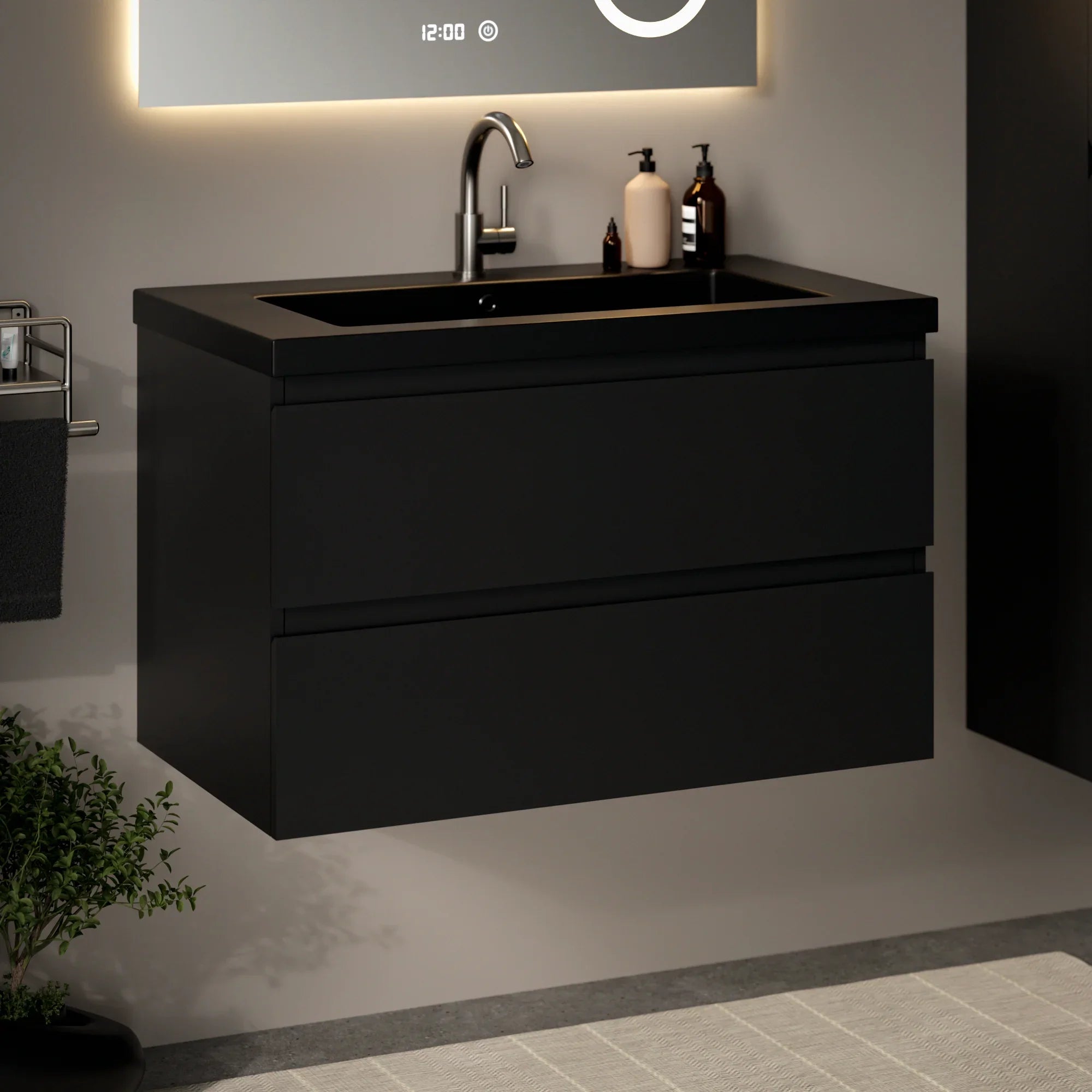 Badezimmermöbel Set Novara – 80 cm – Mattschwarz – Schwarzes Waschbecken