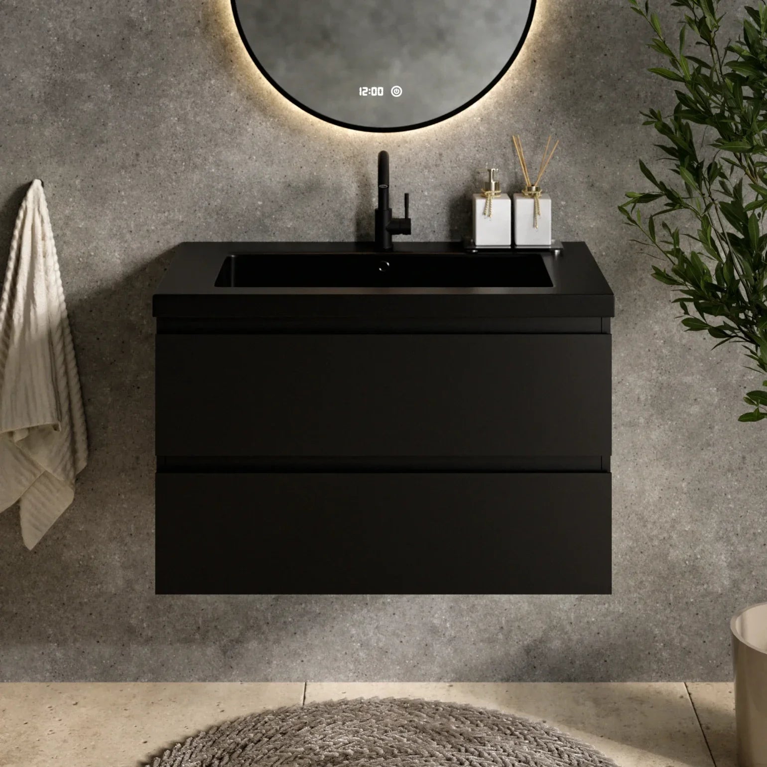 Badezimmermöbel Set Novara – 80 cm – Mattschwarz – Schwarzes Waschbecken
