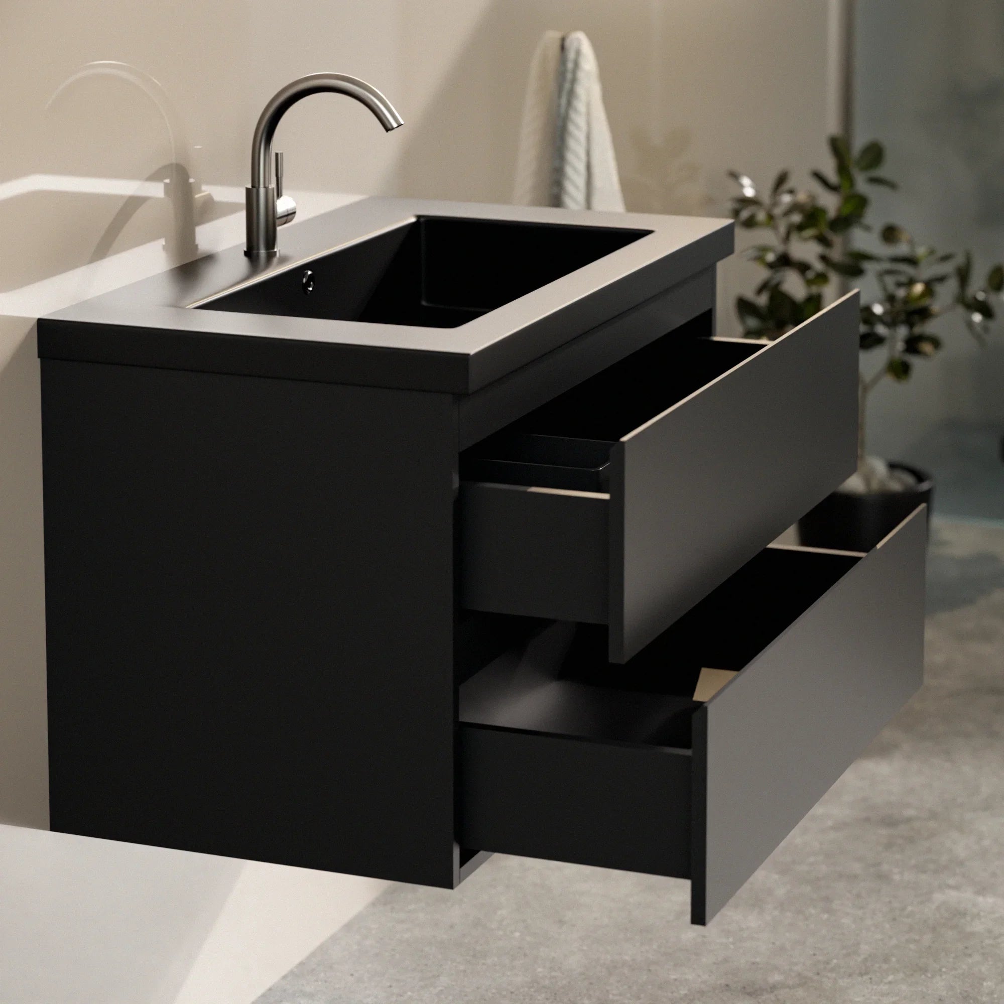 Badezimmermöbel Set Novara – 80 cm – Mattschwarz – Schwarzes Waschbecken