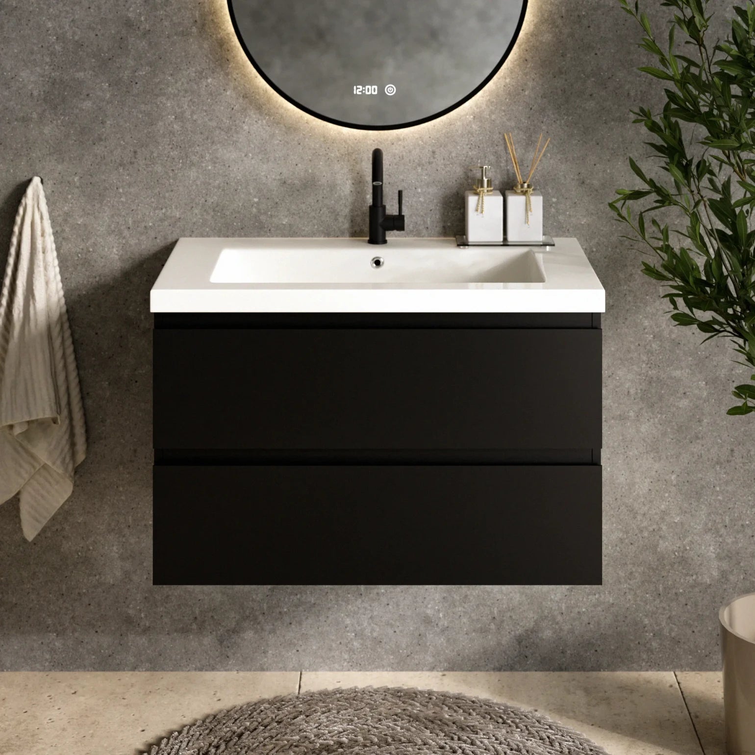 Badezimmermöbel Set Lunaro – 80 cm – Mattschwarz – Weißes Waschbecken