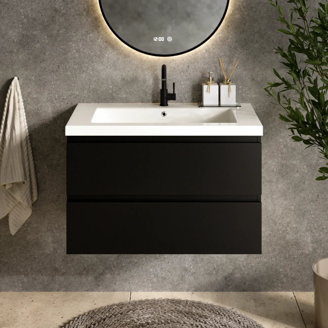 Badezimmermöbel Sova – 80 cm – Mattschwarz – Weißes Waschbecken