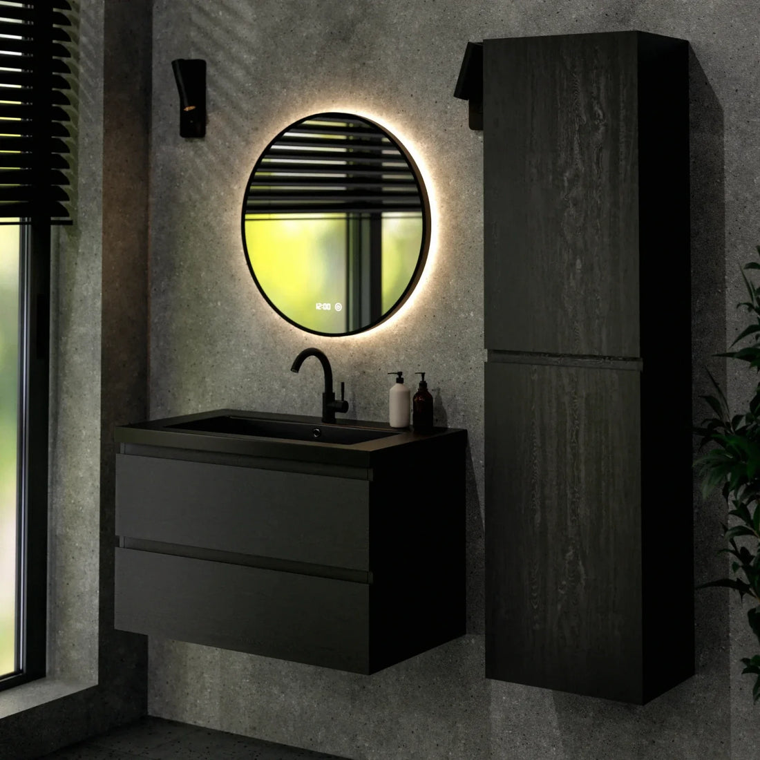 Badezimmermöbel Set Imperial – 80 cm – Schwarze Eiche – Schwarzes Waschbecken