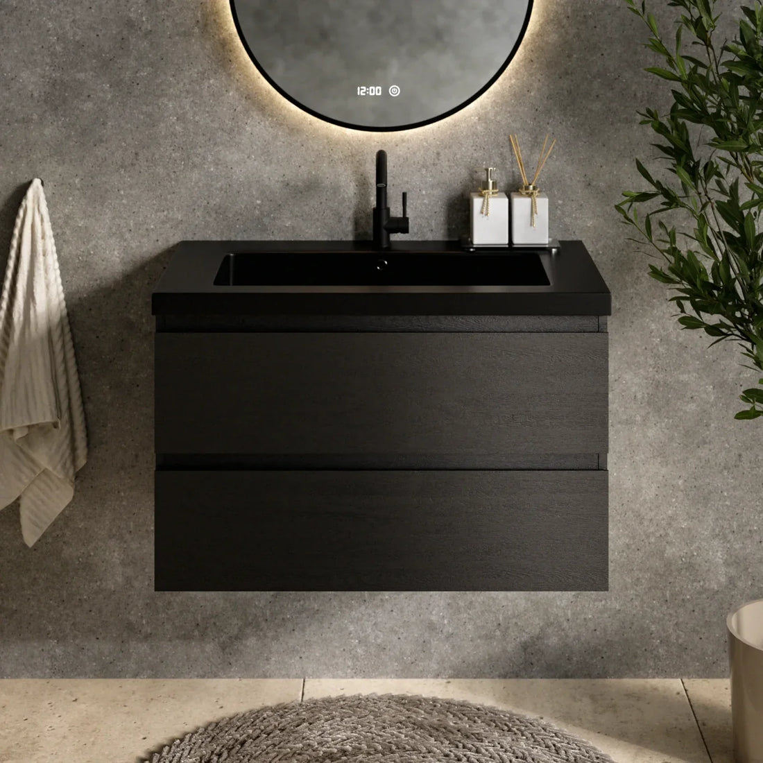 Badezimmermöbel Sova – 80 cm – Schwarzeiche – Schwarzes Waschbecken