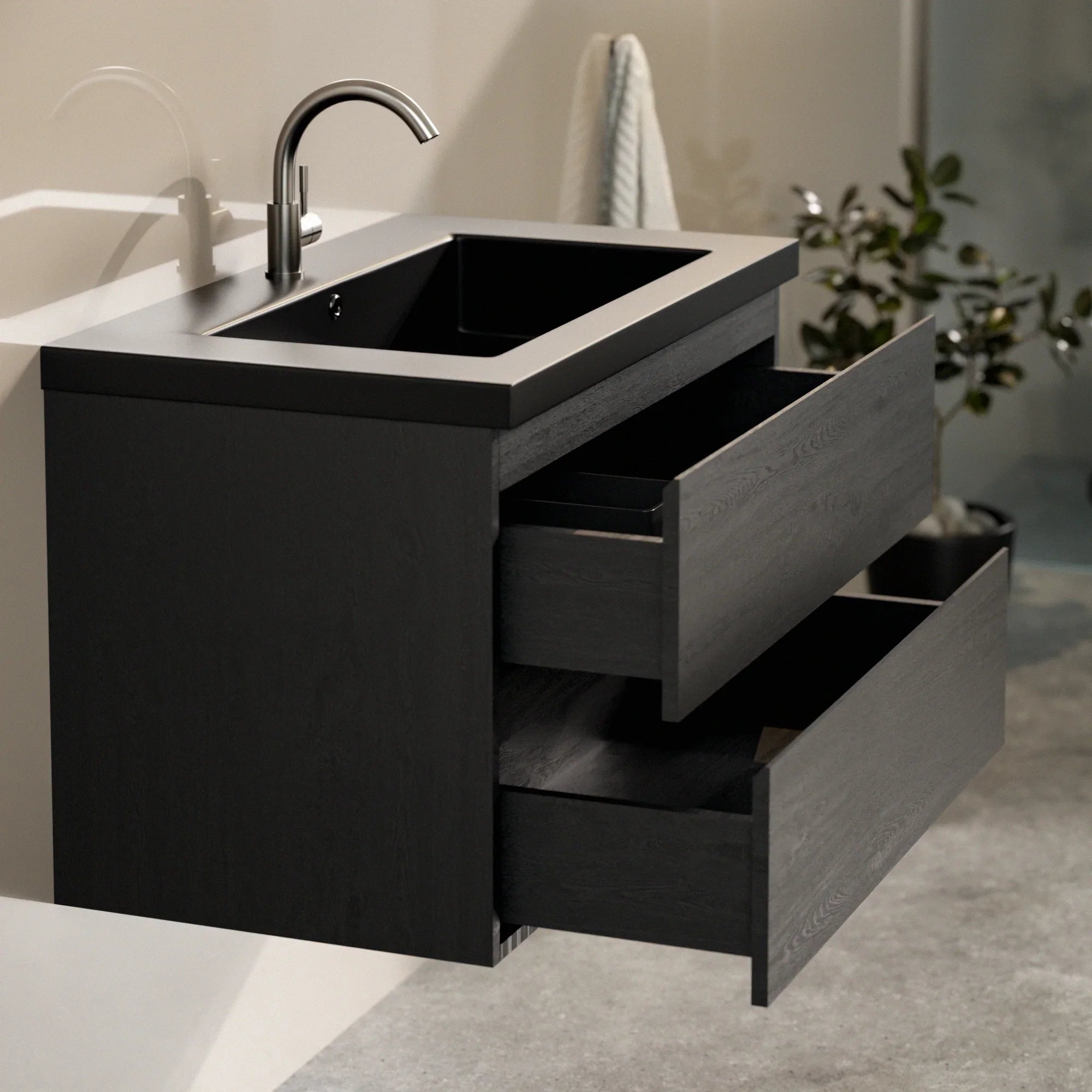 Badezimmermöbel Set Imperial – 80 cm – Schwarze Eiche – Schwarzes Waschbecken