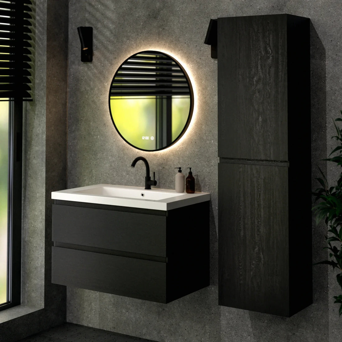Badezimmermöbel Set Montero – 80 cm – Schwarze Eiche – Weißes Waschbecken