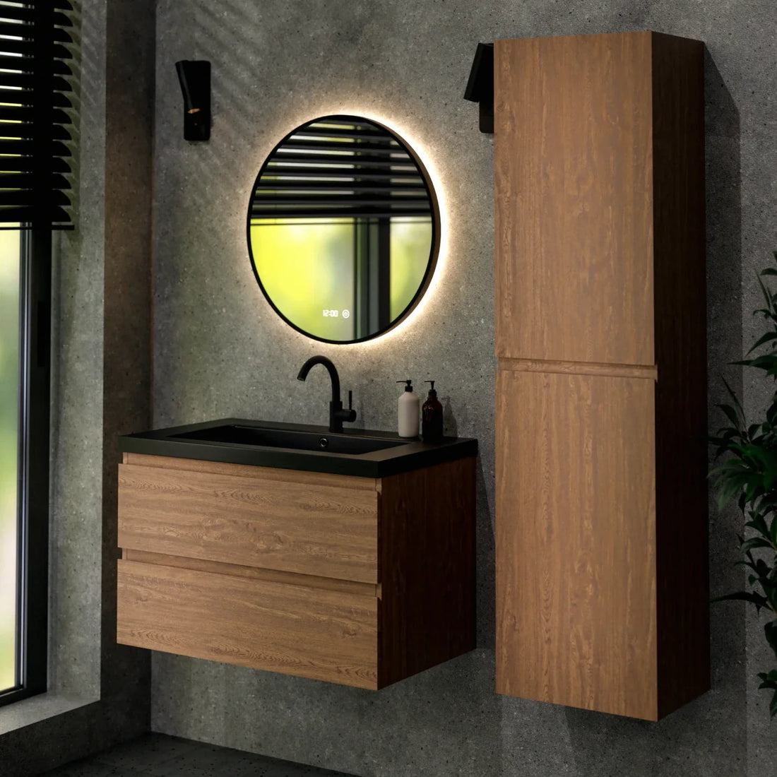 Badezimmermöbel Set Verona – 80 cm – Warme Eiche – Schwarzes Waschbecken
