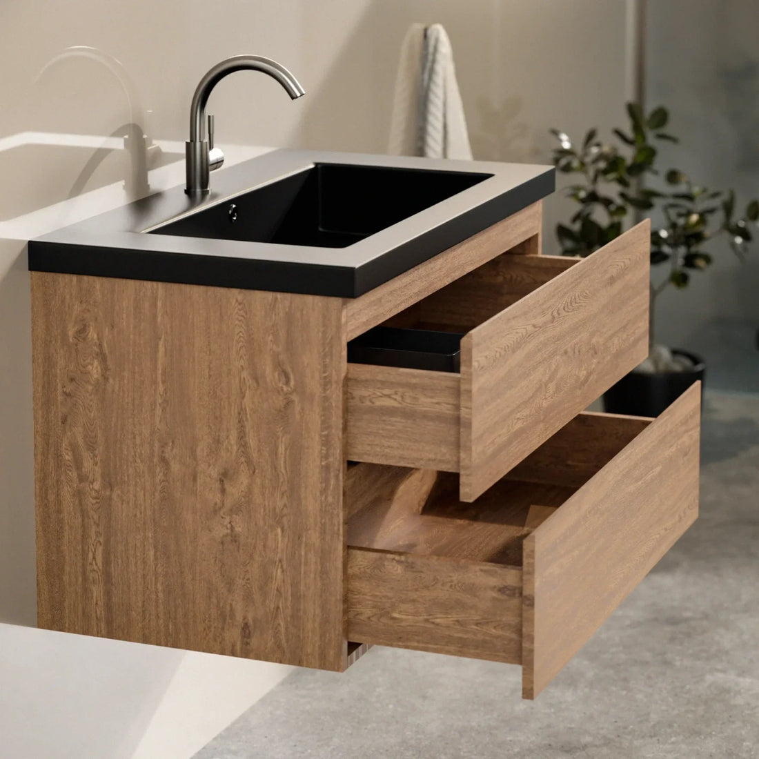 Badezimmermöbel Sova – 80 cm – Warm eiche – Schwarzes Waschbecken