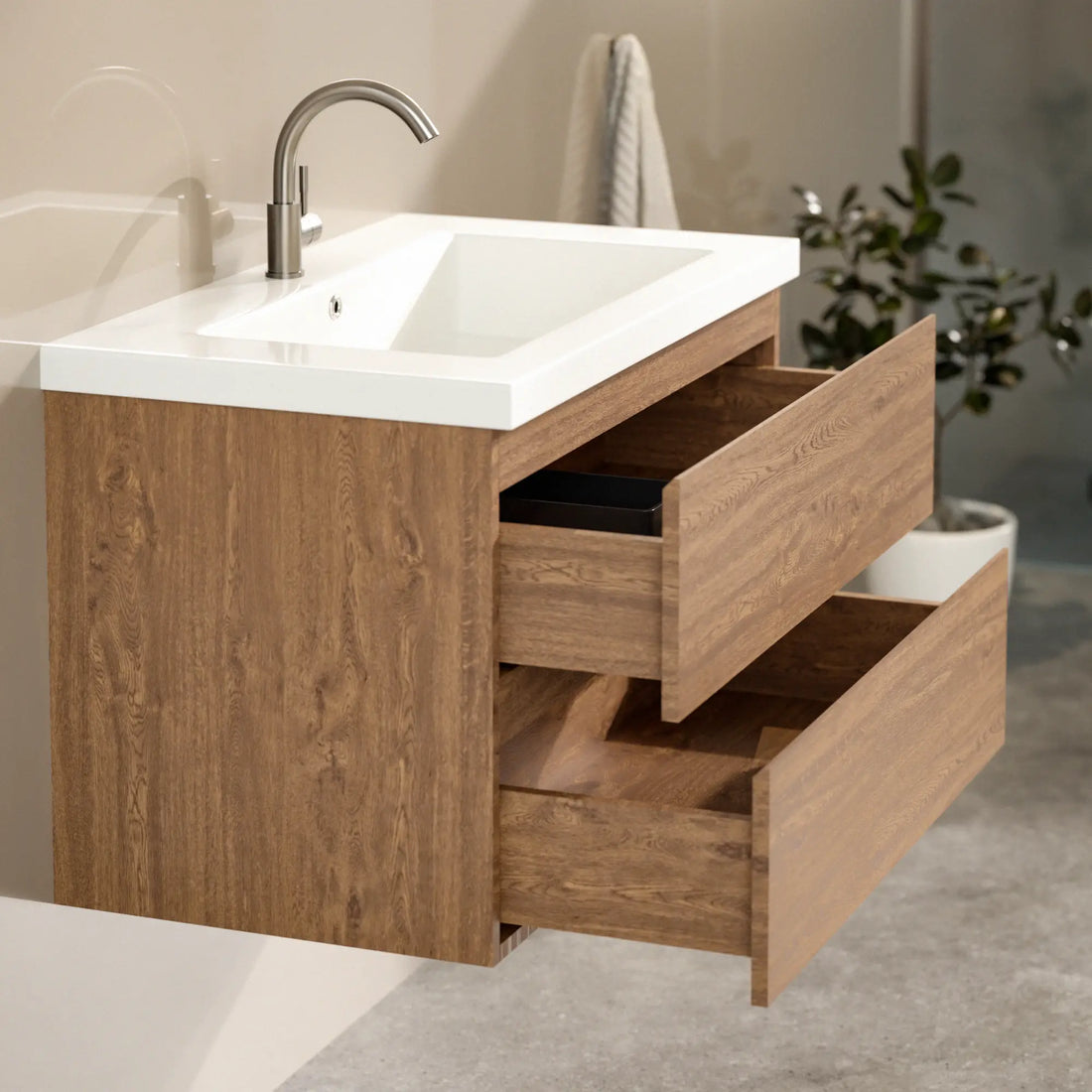Badezimmermöbel Sova – 80 cm – Warm eiche – Weißes Waschbecken