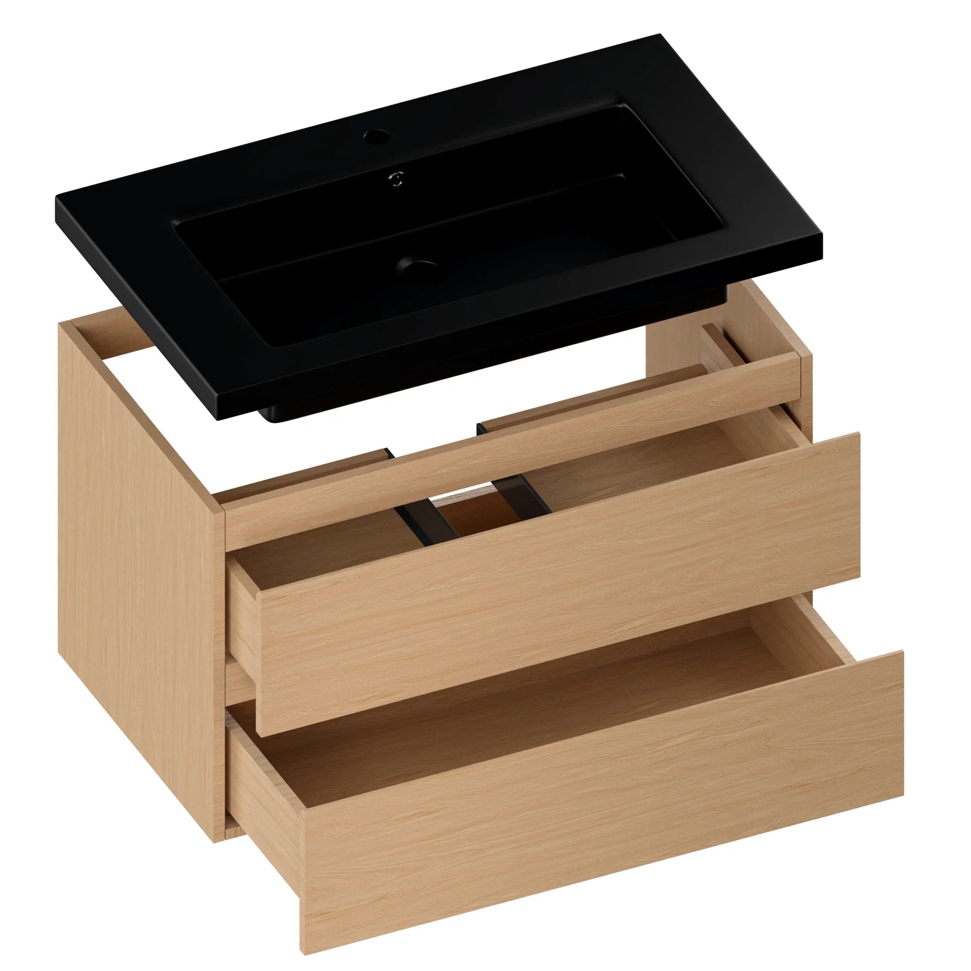Badezimmermöbel Sova – 80 cm – Helleiche – Schwarzes Waschbecken