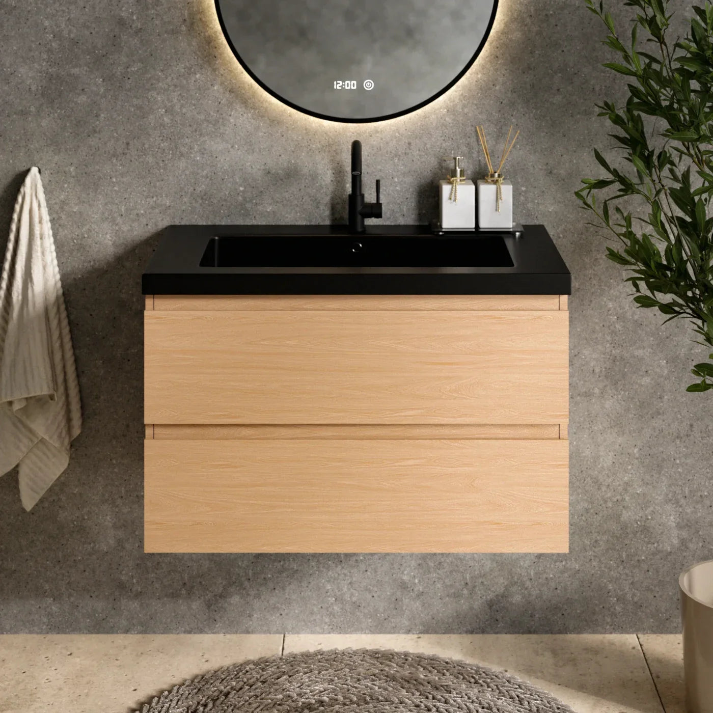 Badezimmermöbel Sova – 80 cm – Helleiche – Schwarzes Waschbecken