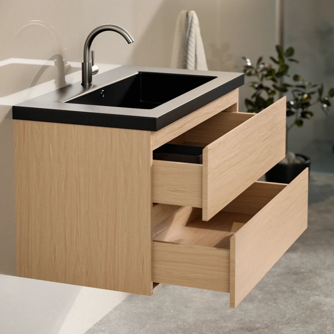 Badezimmermöbel Sova – 80 cm – Helle Eiche – Schwarzes Waschbecken