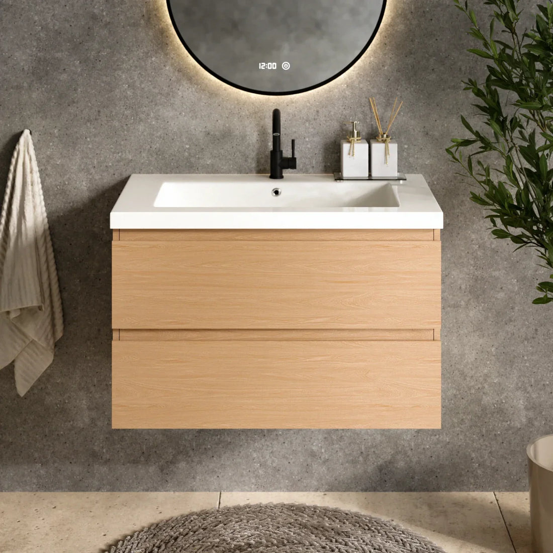 Badezimmermöbel Sova – 80 cm – Helle Eiche – Weißes Waschbecken