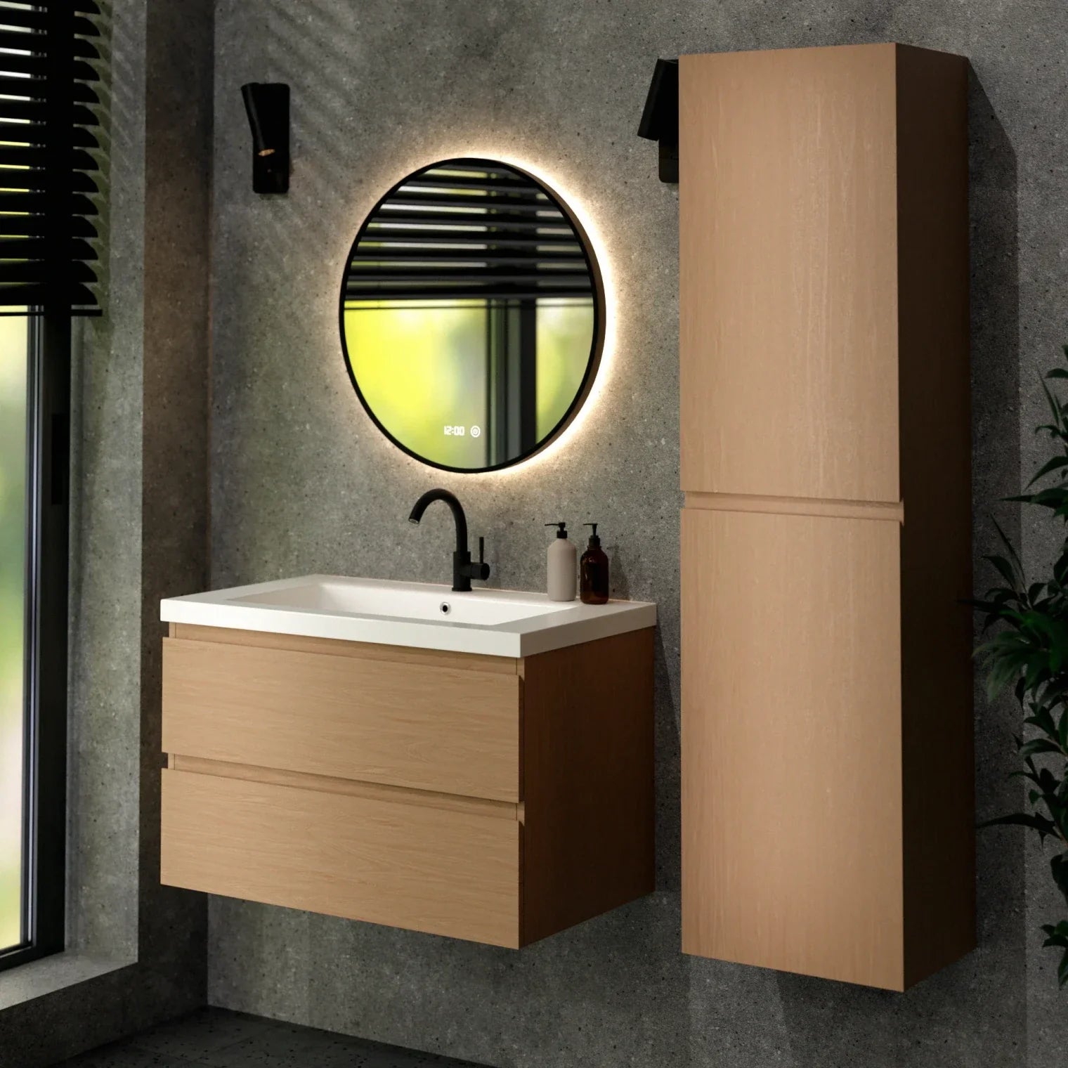 Badezimmermöbel Sova – 80 cm – Helleiche – Weißes Waschbecken