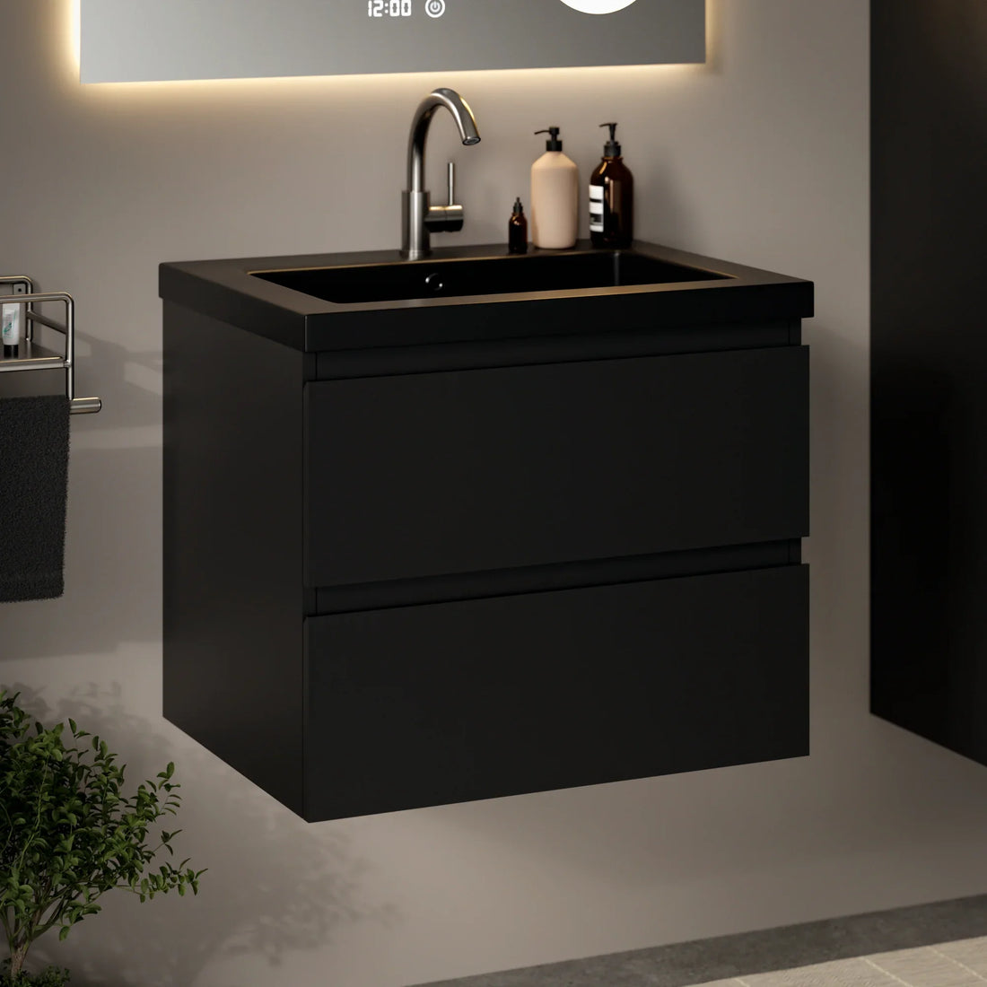 Badezimmermöbel Karo – 60 cm – Mattschwarz – Schwarzes Waschbecken
