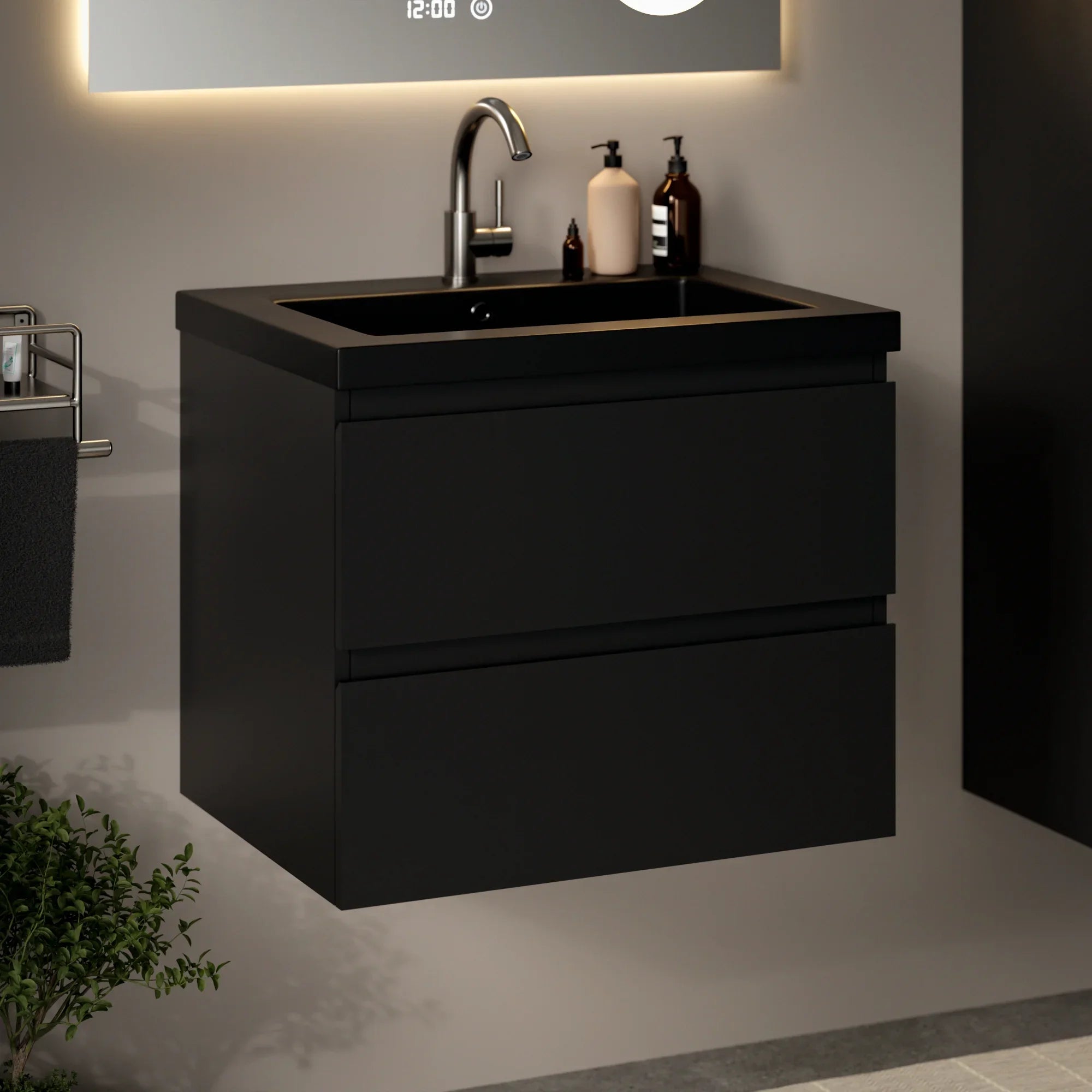 Badezimmermöbel Set Novara – 60 cm – Matt Schwarz – Schwarzes Waschbecken