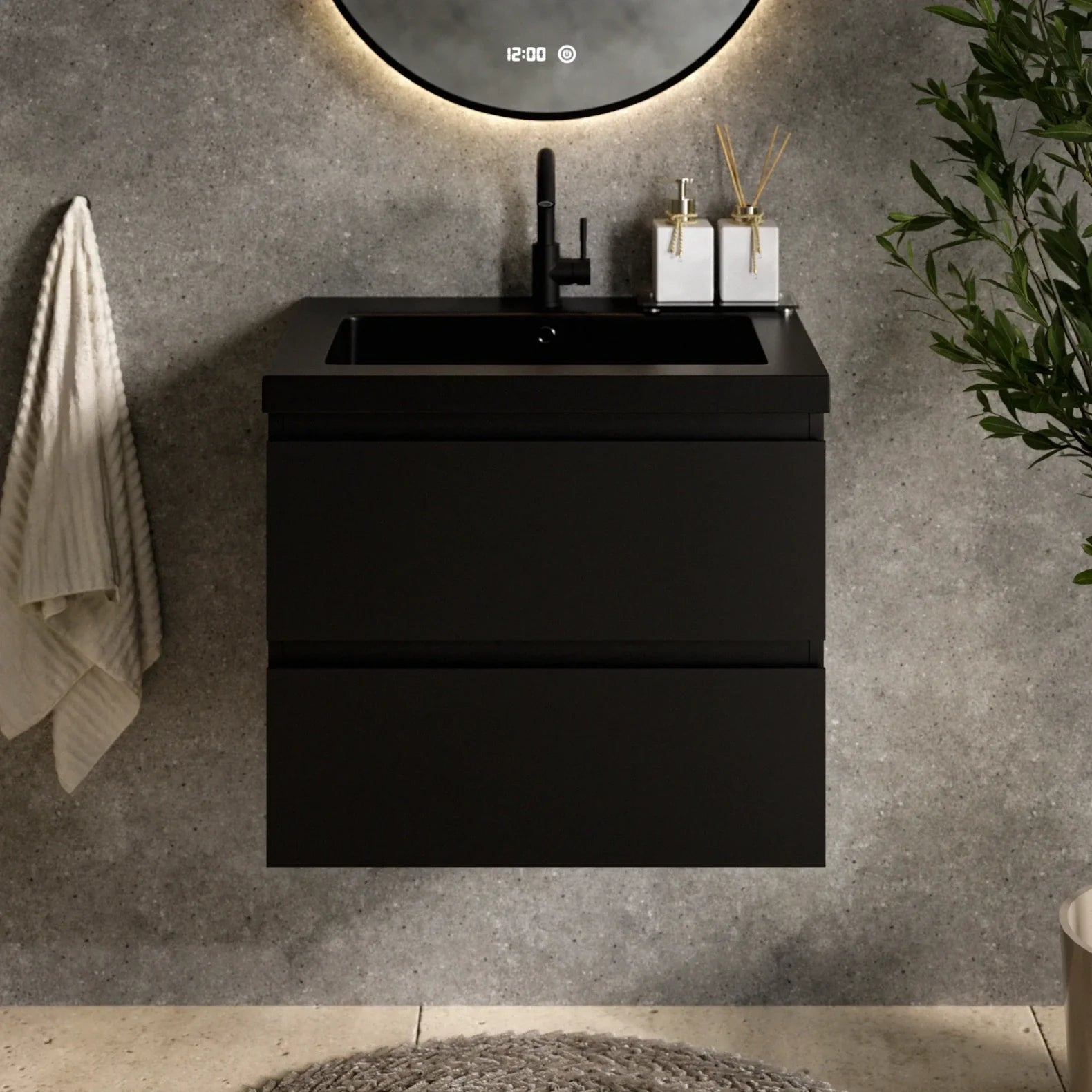 Badezimmermöbel Set Novara – 60 cm – Matt Schwarz – Schwarzes Waschbecken