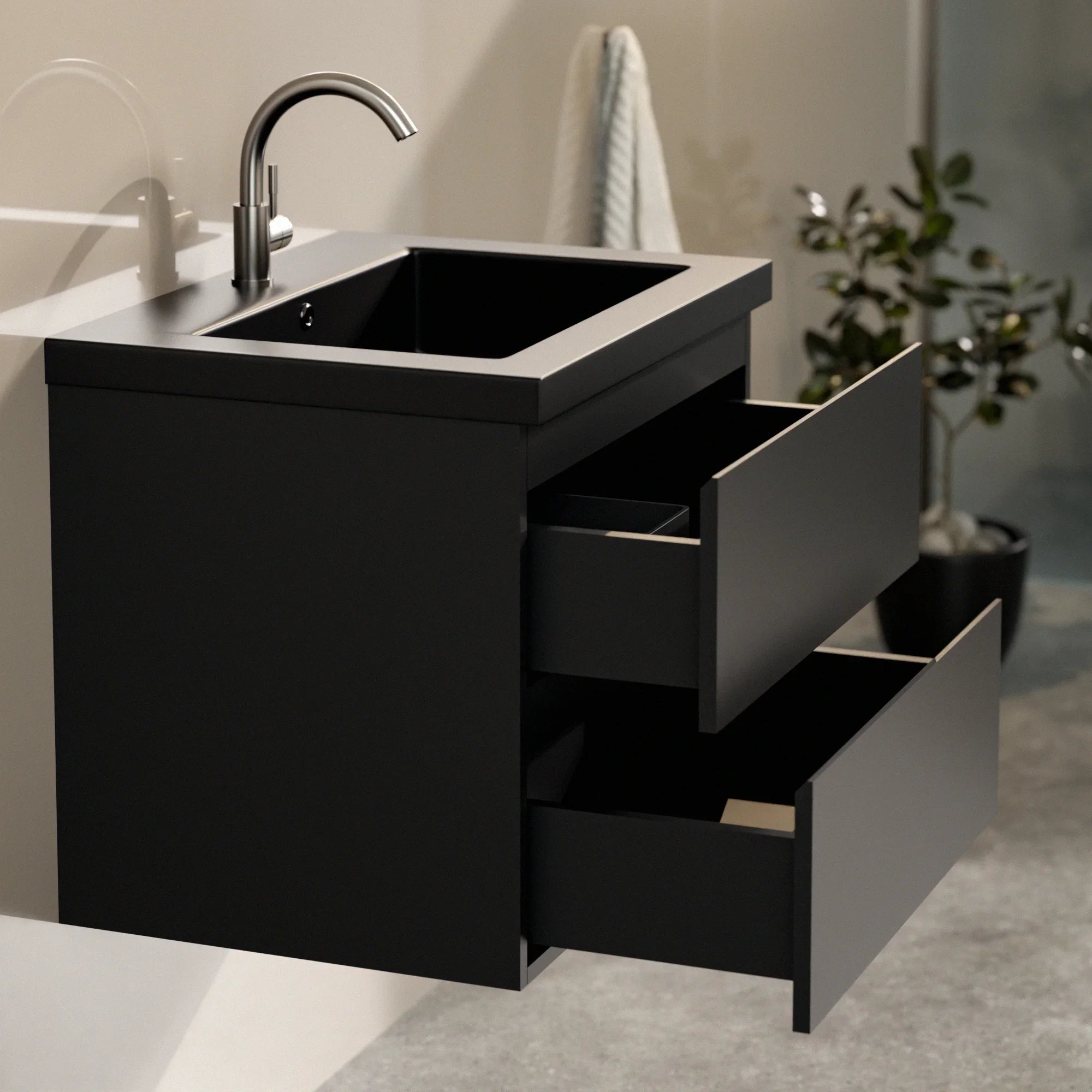 Badezimmermöbel Set Novara – 60 cm – Matt Schwarz – Schwarzes Waschbecken