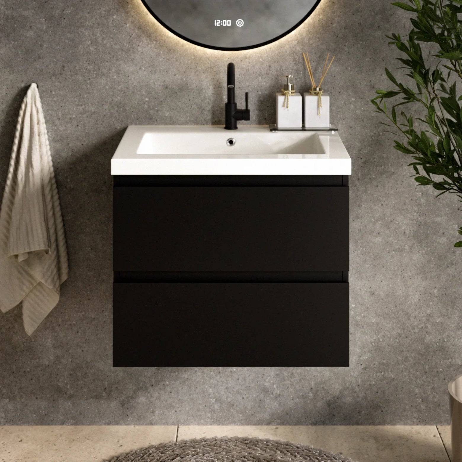 Badezimmermöbel Set Lunaro – 60 cm – Mattschwarz – Weißes Waschbecken