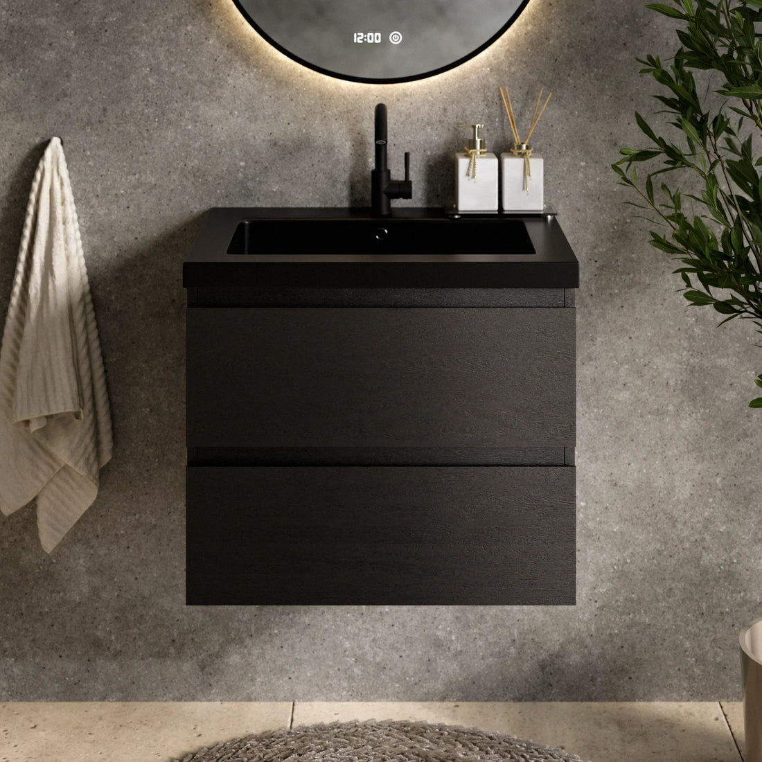 Badezimmermöbel Karo – 60 cm – Schwarzeiche – Schwarzes Waschbecken