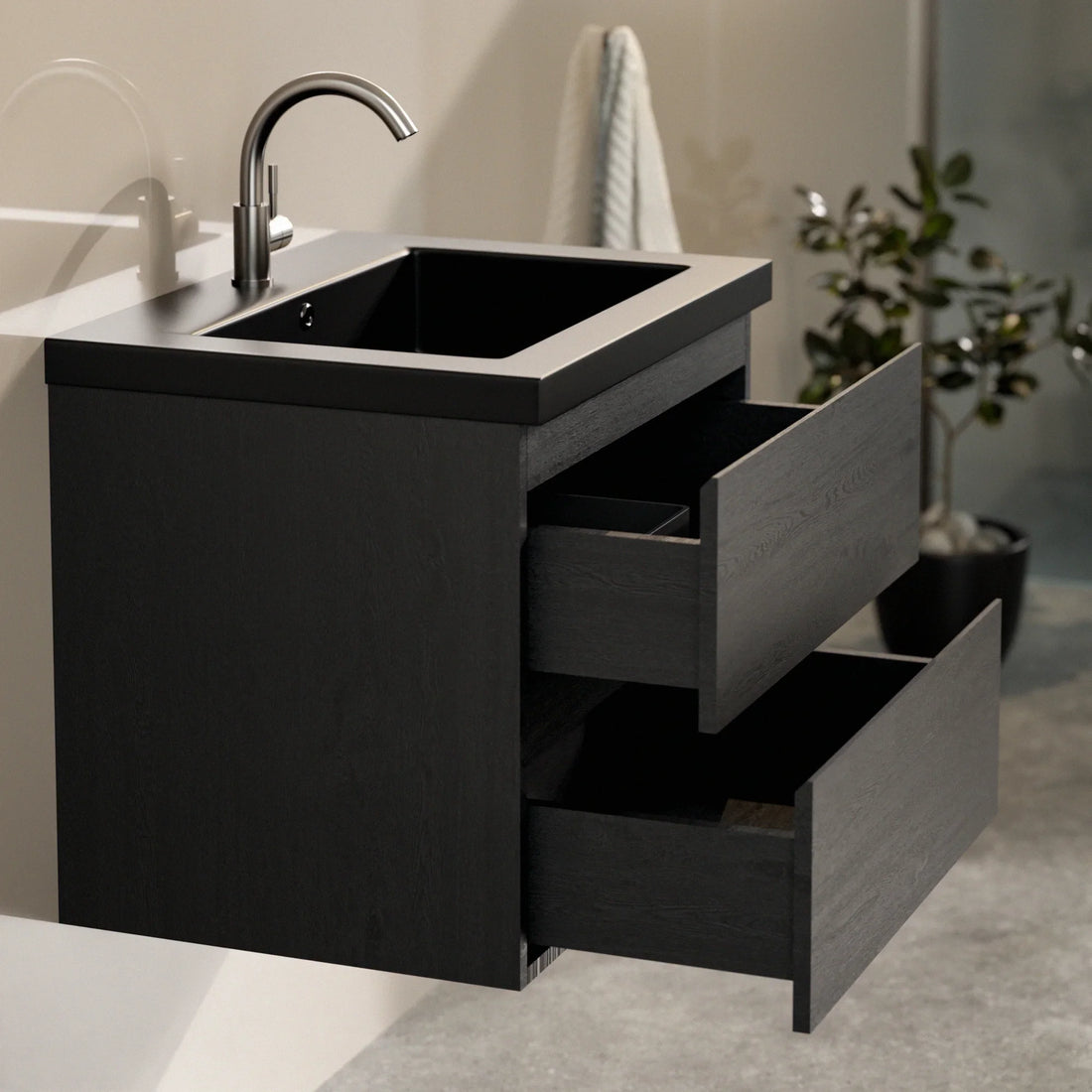 Badezimmermöbel Karo – 60 cm – Schwarzeiche – Schwarzes Waschbecken