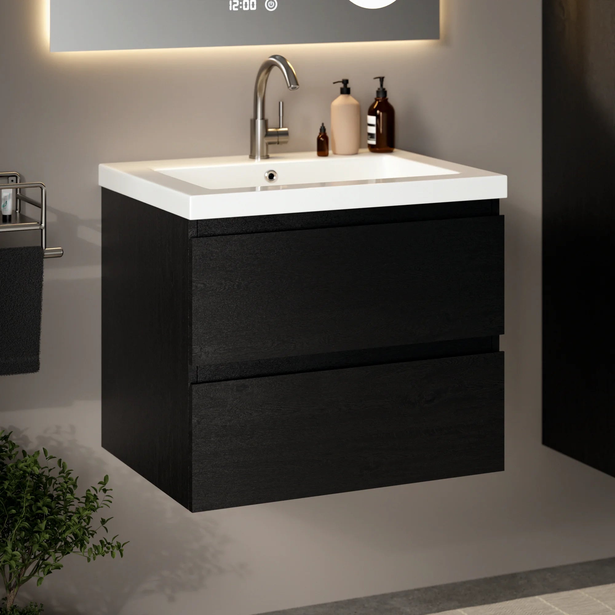 Badezimmermöbel Set Virello – 60 cm – Schwarze Eiche – Weißes Waschbecken