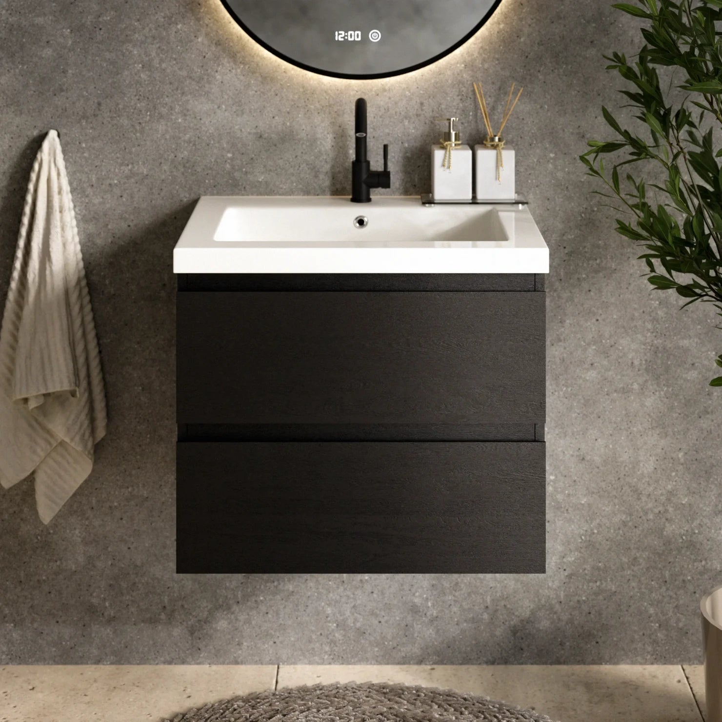 Badezimmermöbel Set Virello – 60 cm – Schwarze Eiche – Weißes Waschbecken