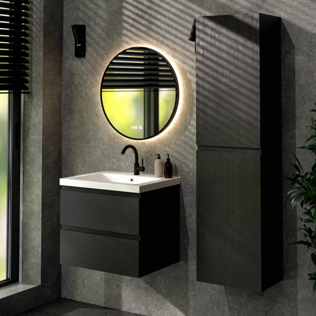 Badezimmermöbel Set Virello – 60 cm – Schwarze Eiche – Weißes Waschbecken