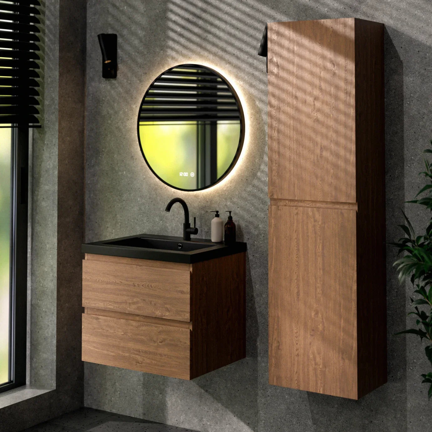 Badezimmermöbel Karo – 60 cm – Warmeiche – Schwarzes Waschbecken