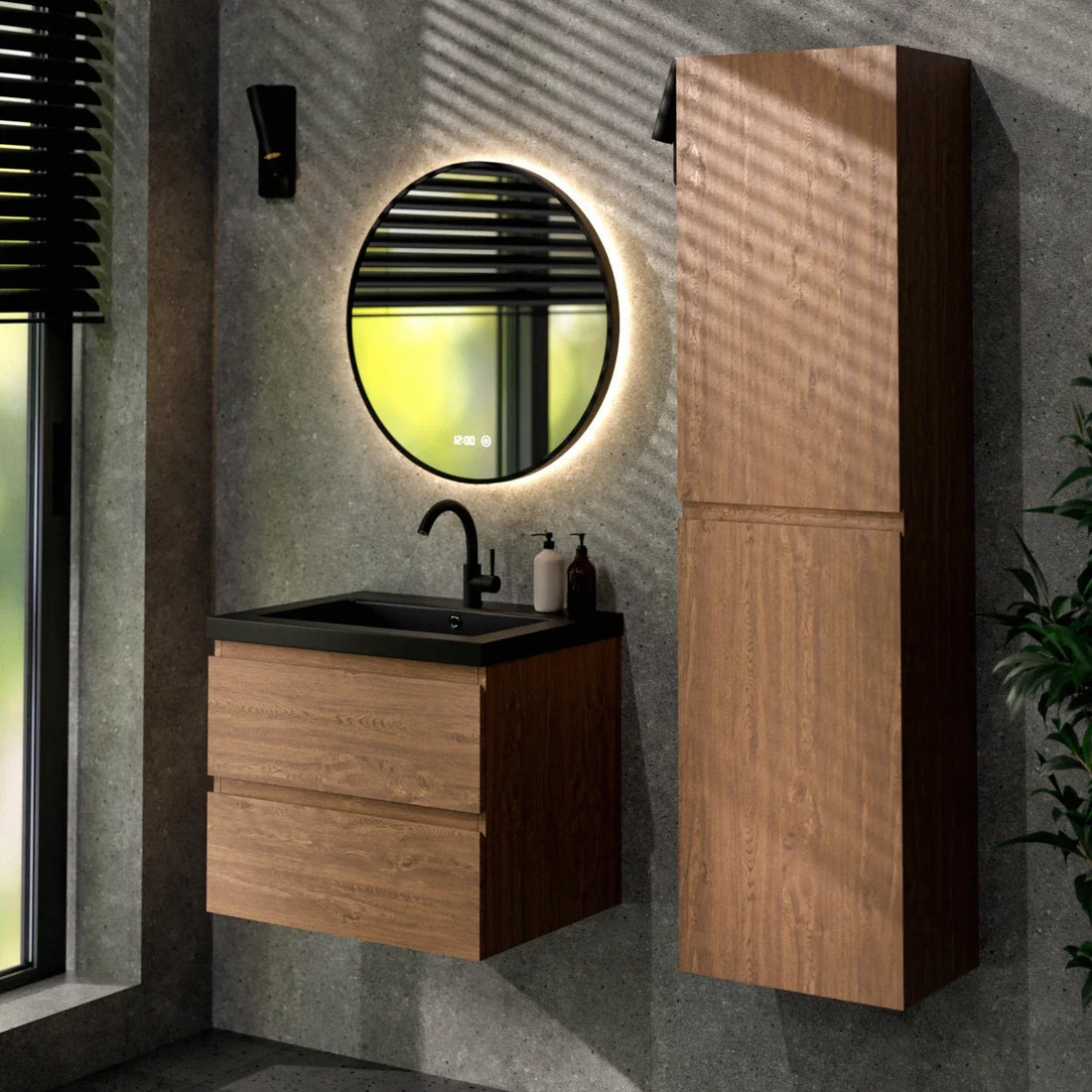 Badezimmermöbel Set Verona – 60 cm – Warme Eiche – Schwarzes Waschbecken