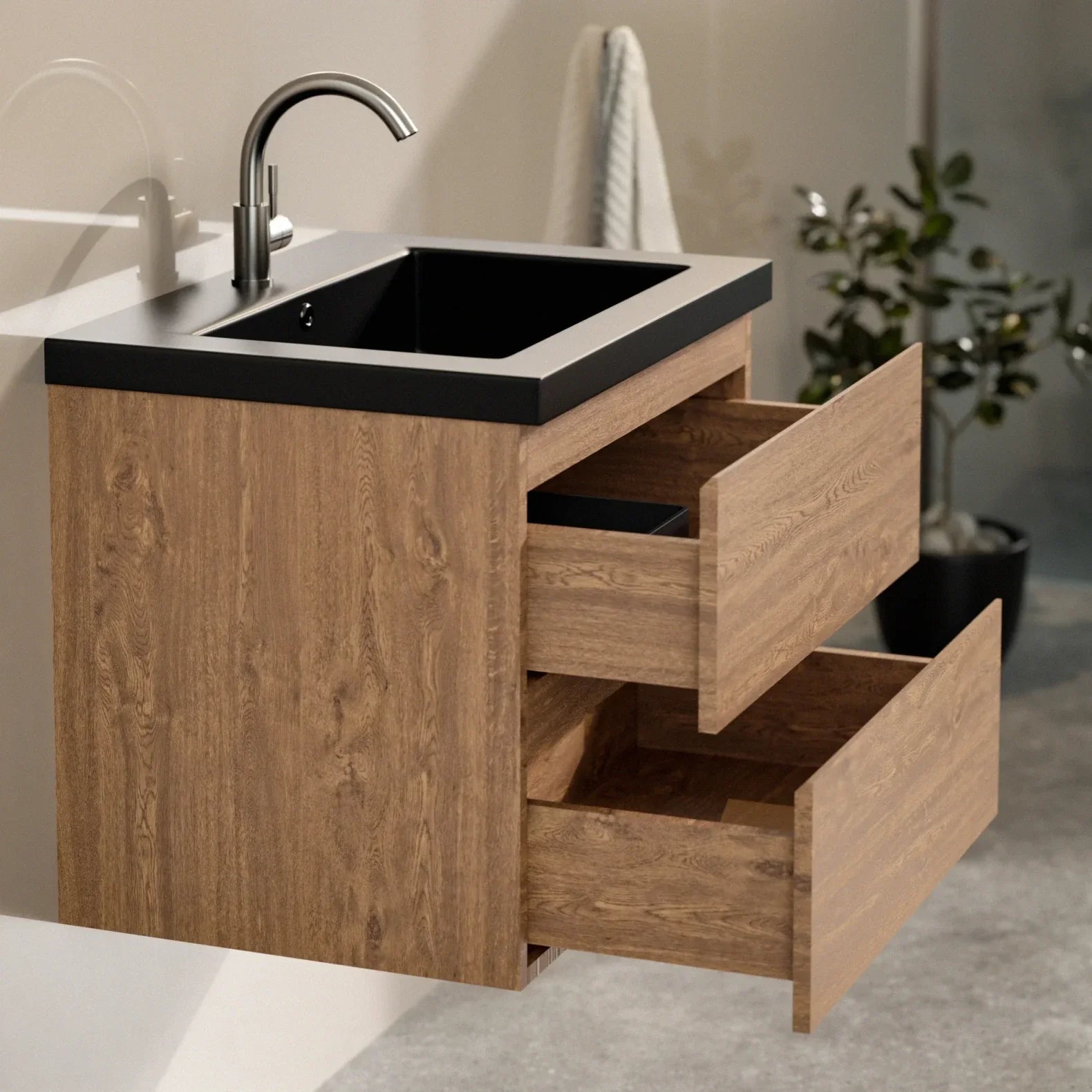 Badezimmermöbel Karo – 60 cm – Warmeiche – Schwarzes Waschbecken