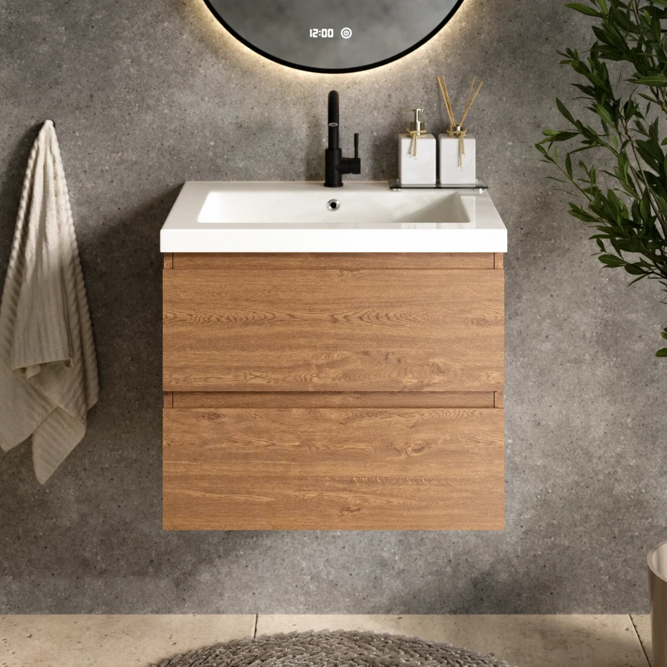 Badezimmermöbel Set Valento – 60 cm – Warme Eiche – Weißes Waschbecken