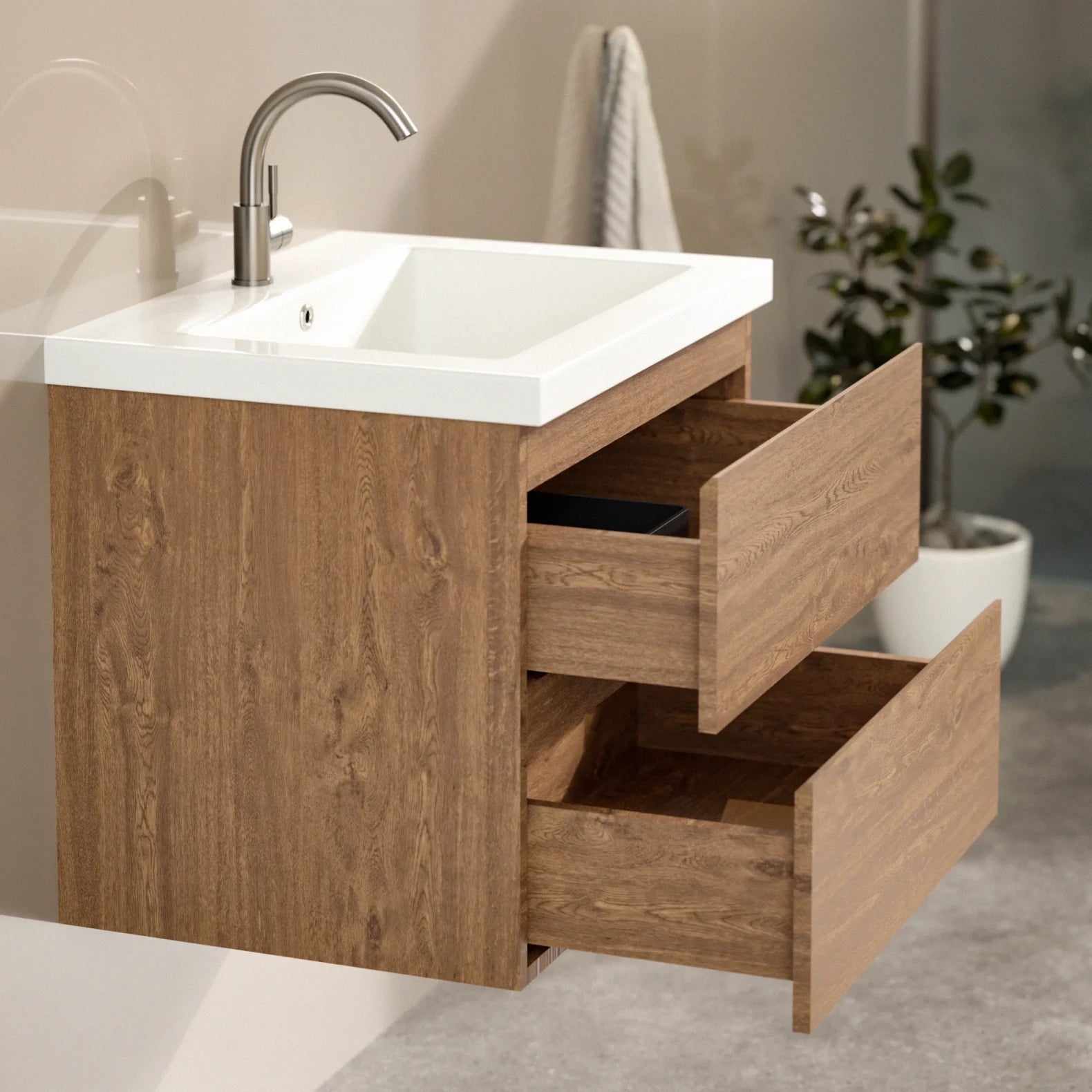 Badezimmermöbel Set Valento – 60 cm – Warme Eiche – Weißes Waschbecken