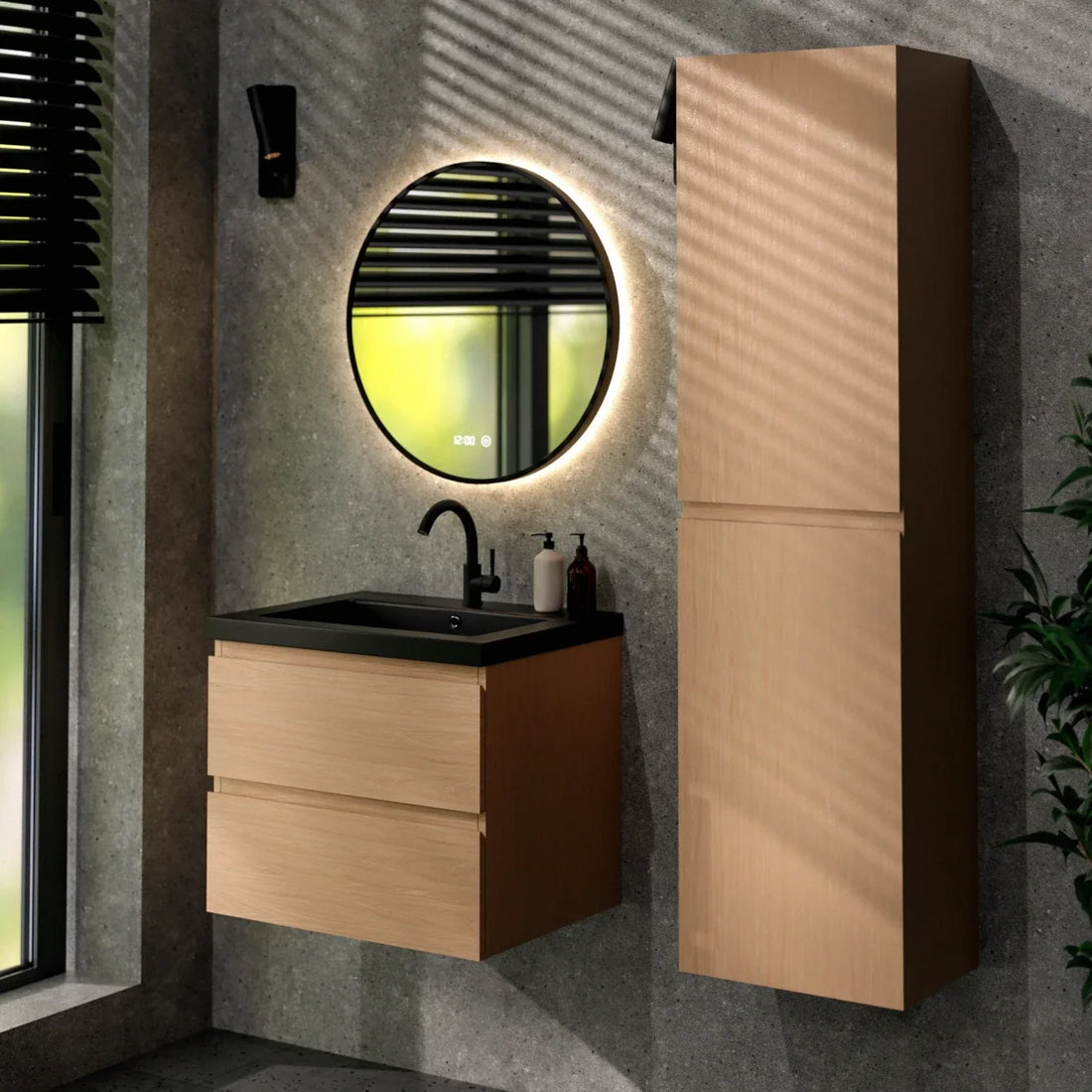 Badezimmermöbel Set Monaco – 60 cm – Helle Eiche – Schwarzes Waschbecken