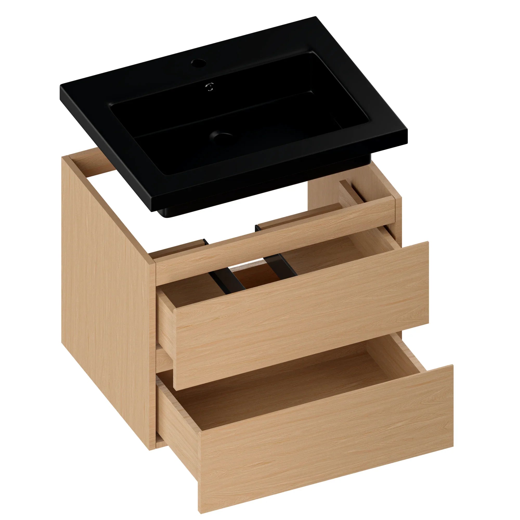 Badezimmermöbel Karo – 60 cm – Helleiche – Schwarzes Waschbecken