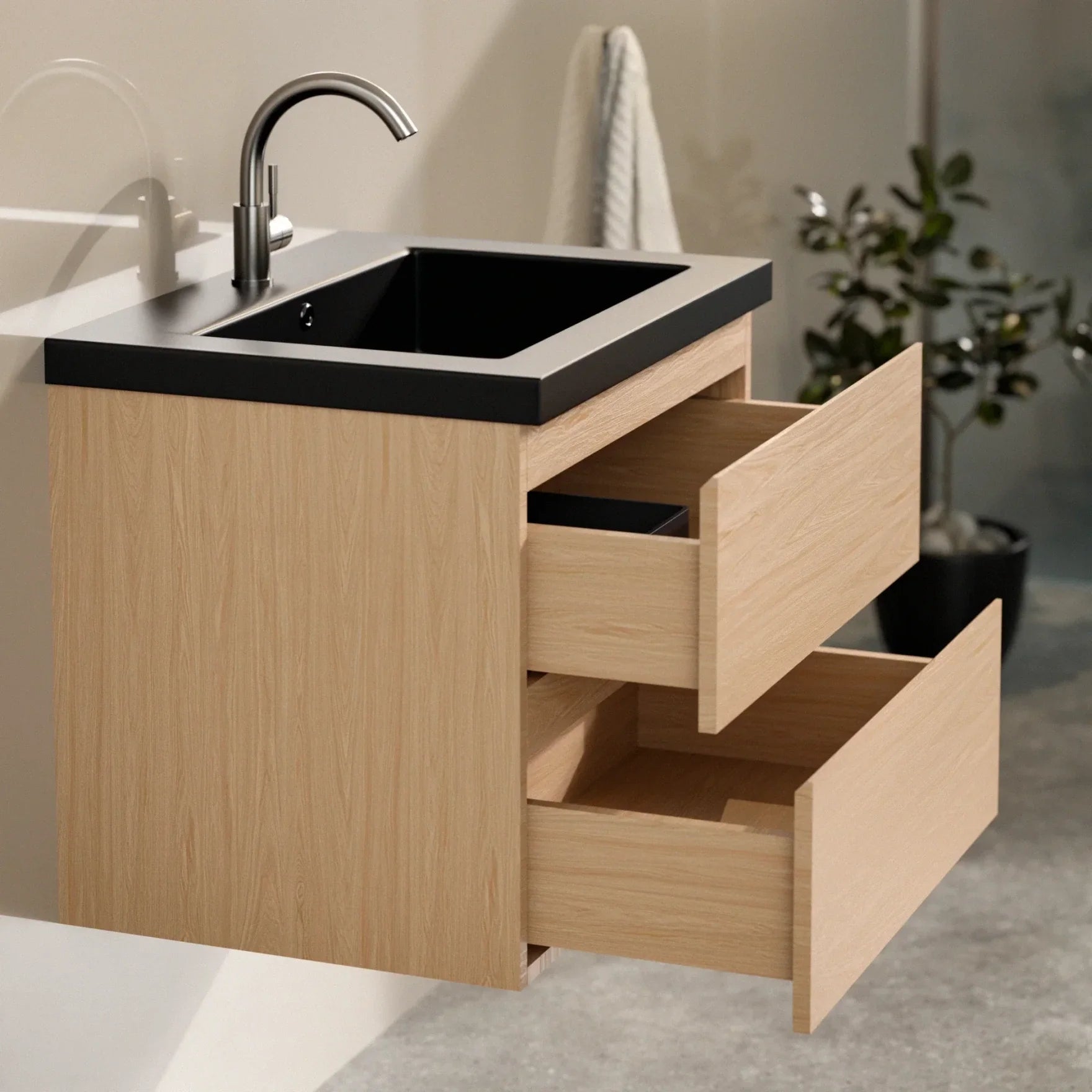 Badezimmermöbel Karo – 60 cm – Helleiche – Schwarzes Waschbecken