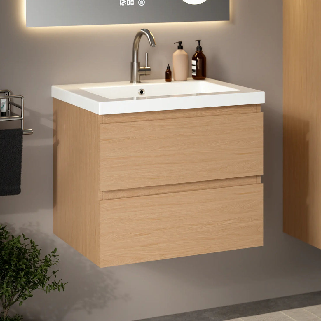 Badezimmermöbel Karo – 60 cm – Helle Eiche – Weißes Waschbecken