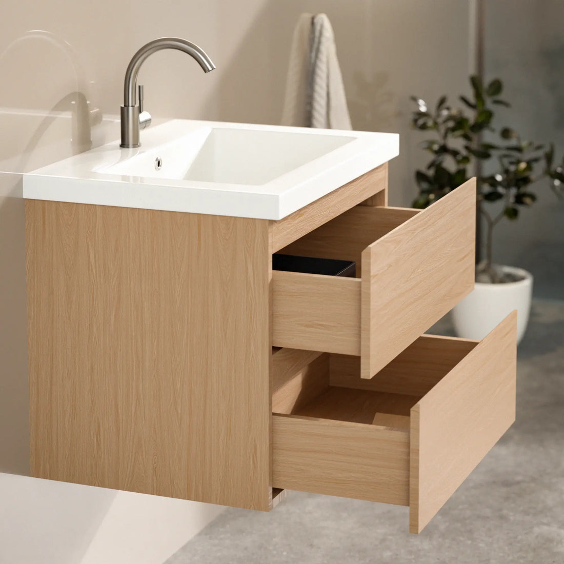 Badezimmermöbel Karo – 60 cm – Helle Eiche – Weißes Waschbecken