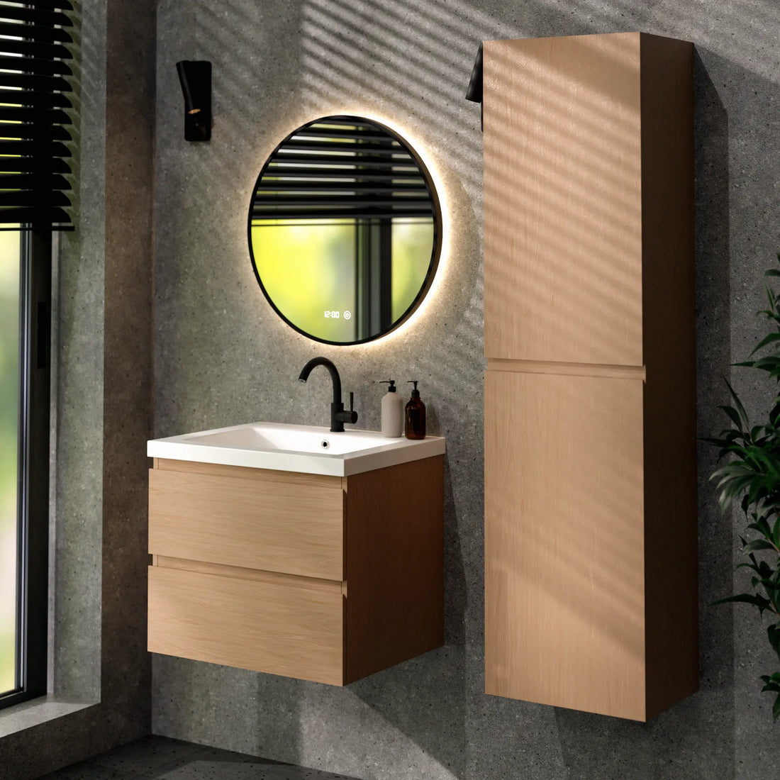 Badezimmermöbel Set Amara – 60 cm – Helle Eiche – Weißes Waschbecken