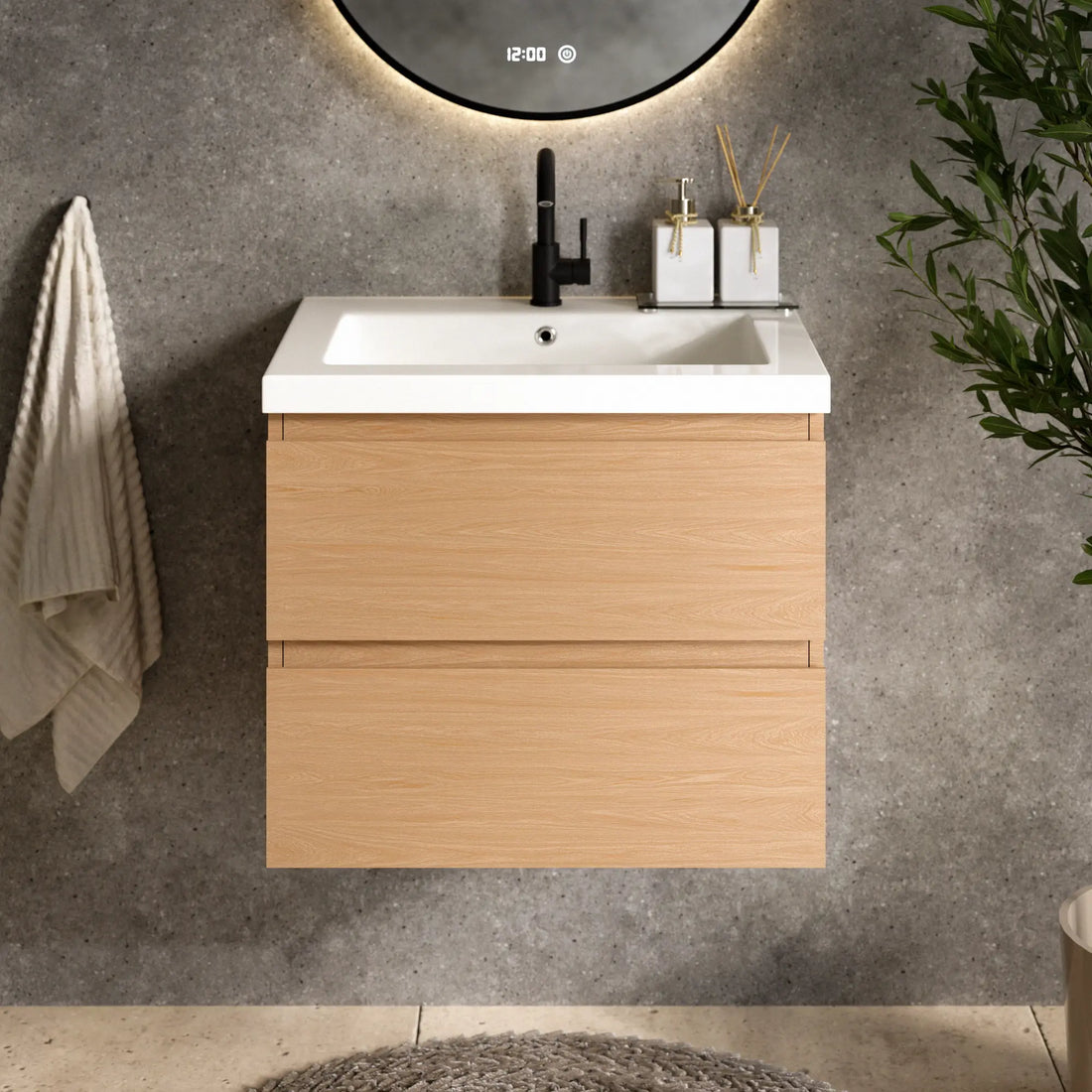 Badezimmermöbel Karo – 60 cm – Helle Eiche – Weißes Waschbecken
