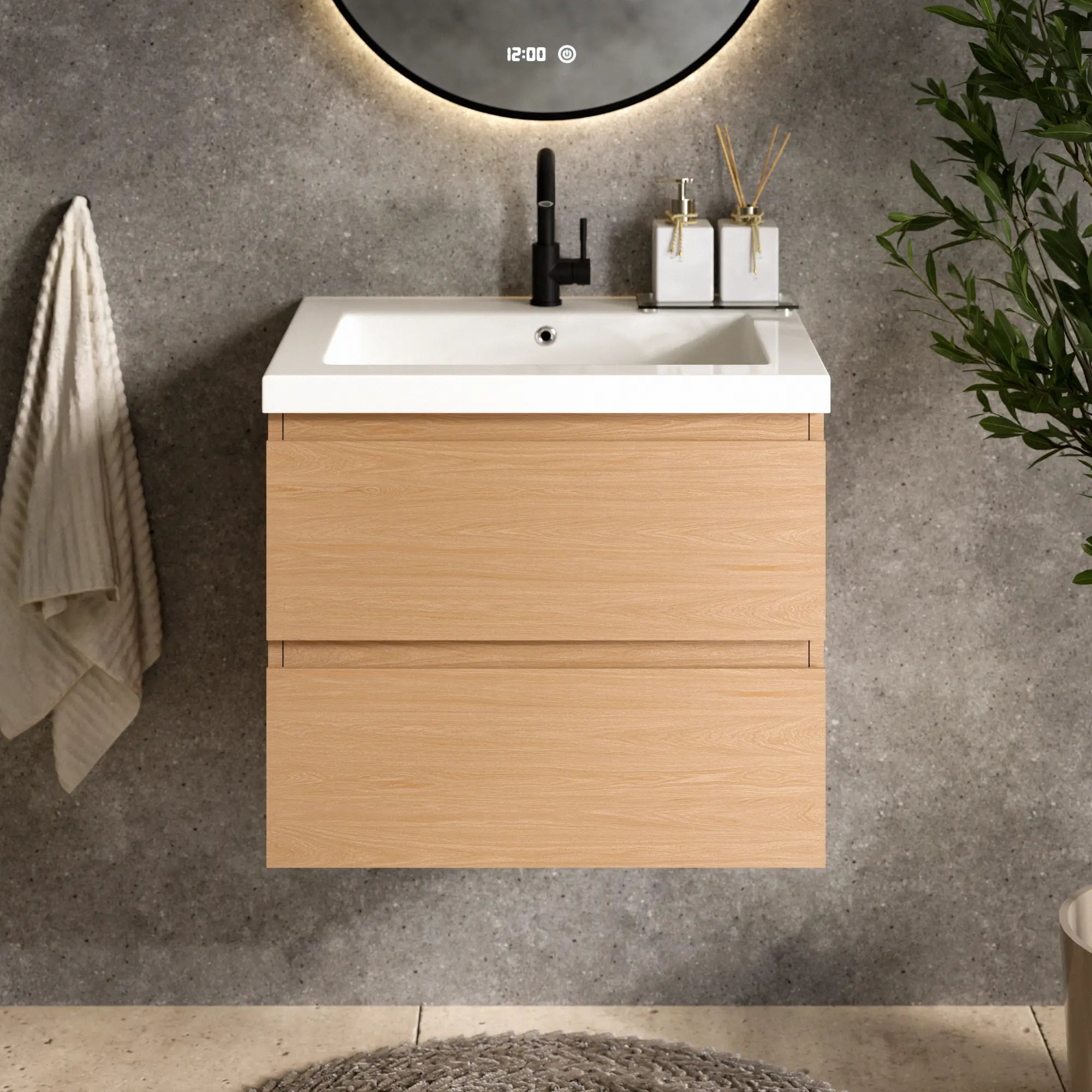 Badezimmermöbel Set Amara – 60 cm – Helle Eiche – Weißes Waschbecken