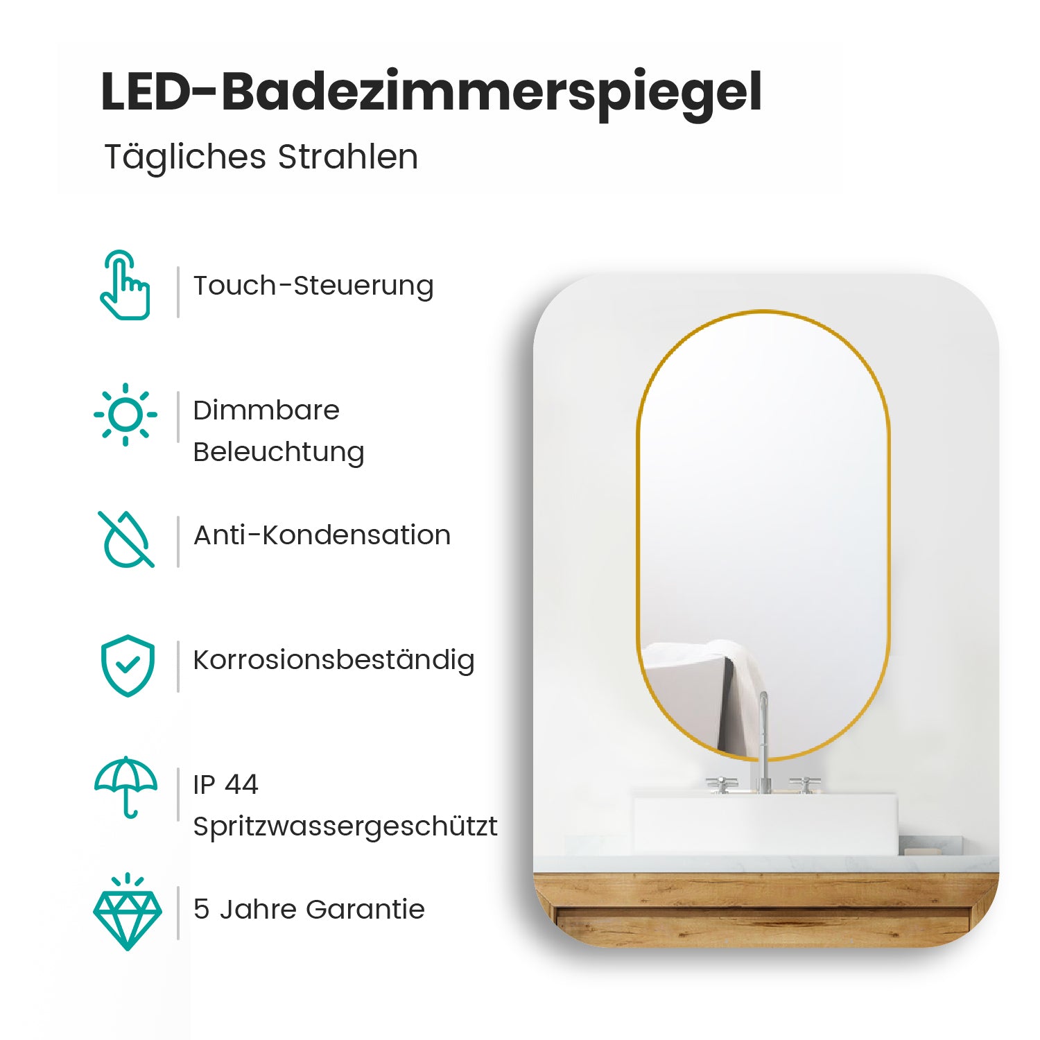 Badezimmerspiegel – 90x50cm Oval – Gold Rahmen