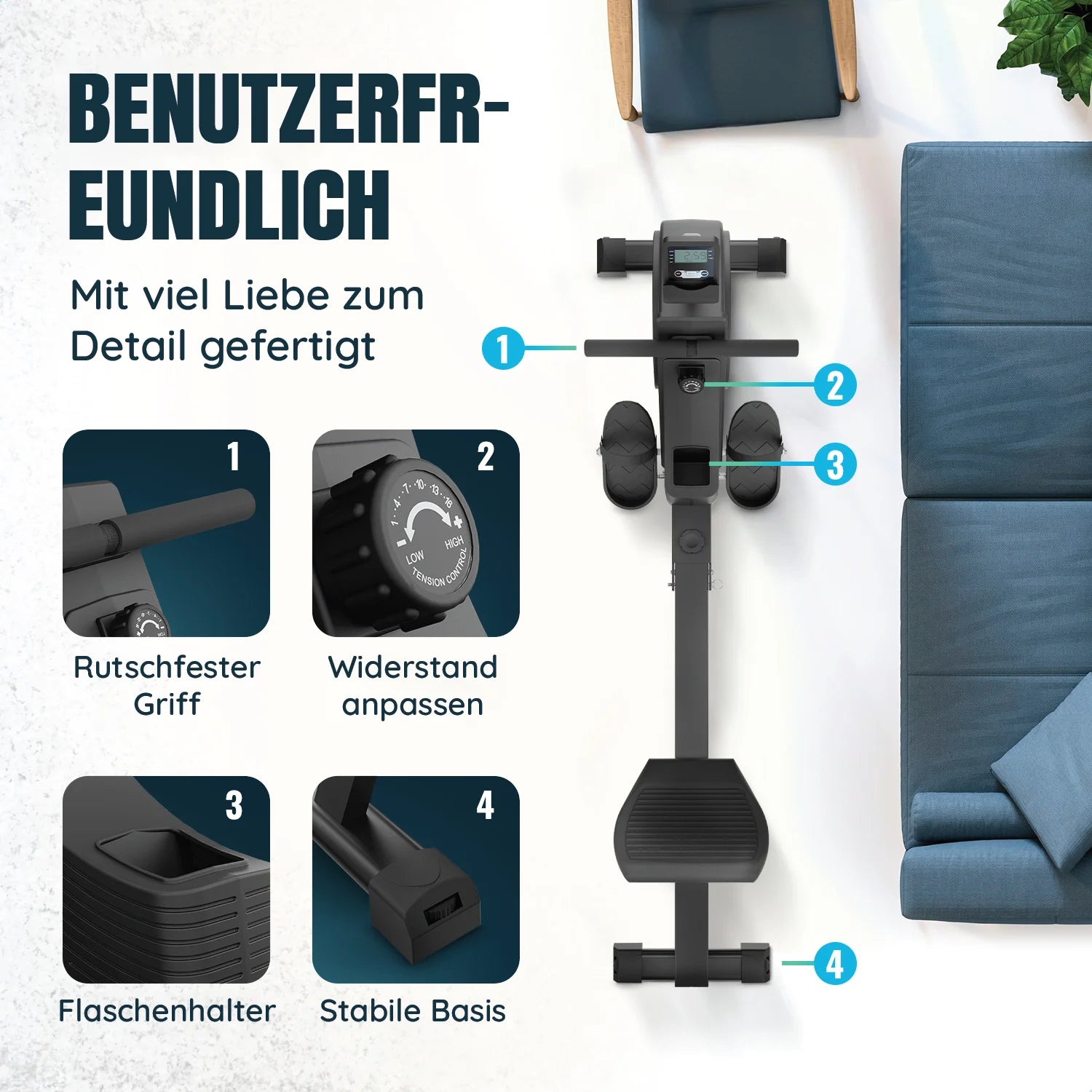 Rudergerät - 16 Widerstandsstufen - LCD-Bildschirm