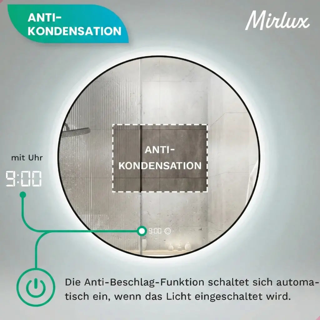 Badezimmerspiegel - Rund - 80cm - Schwarzer Rahmen